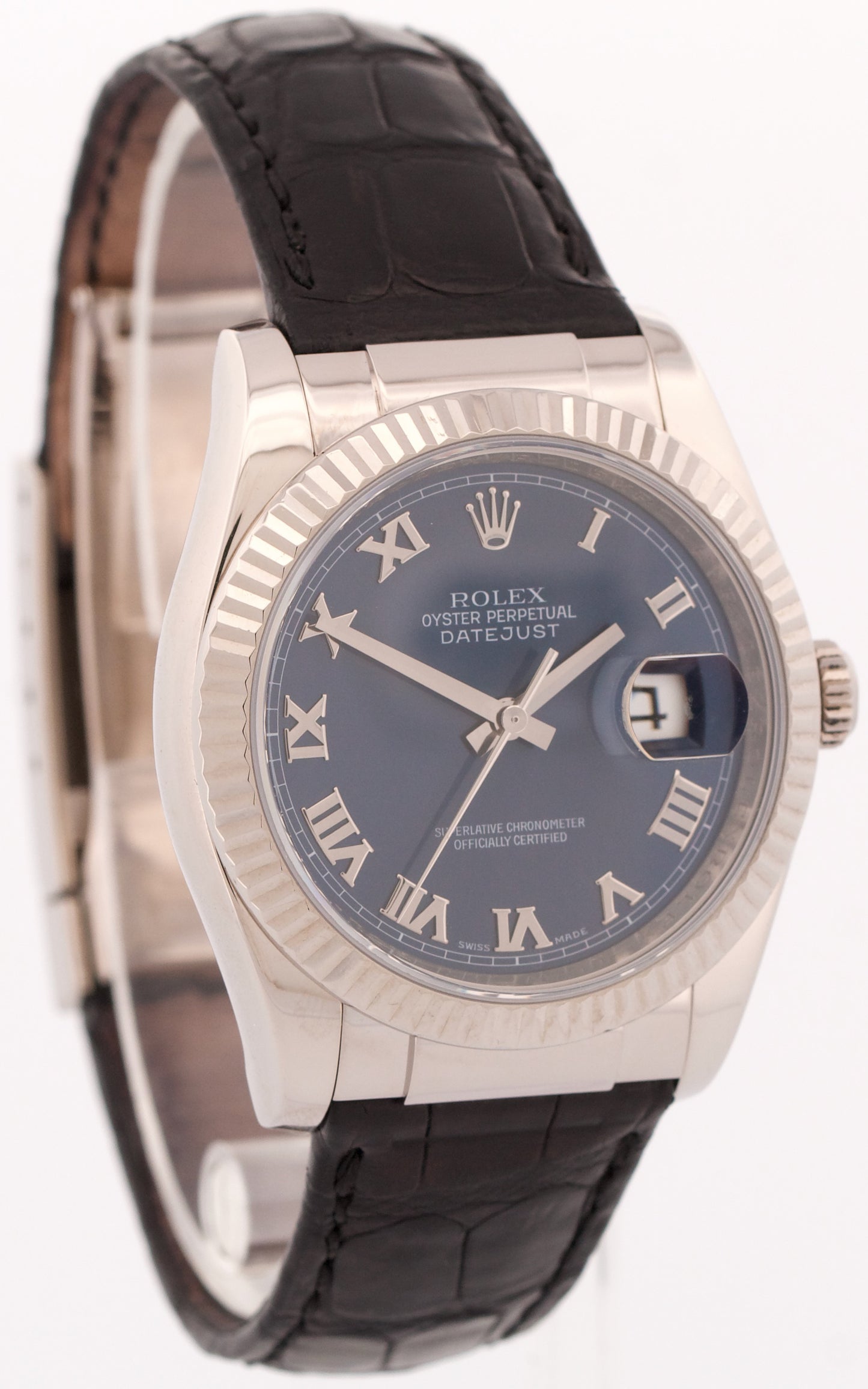 Rolex DateJust BLUE ROMAN 18K White Gold Fluted 36mm Black Leather 116139 Watch