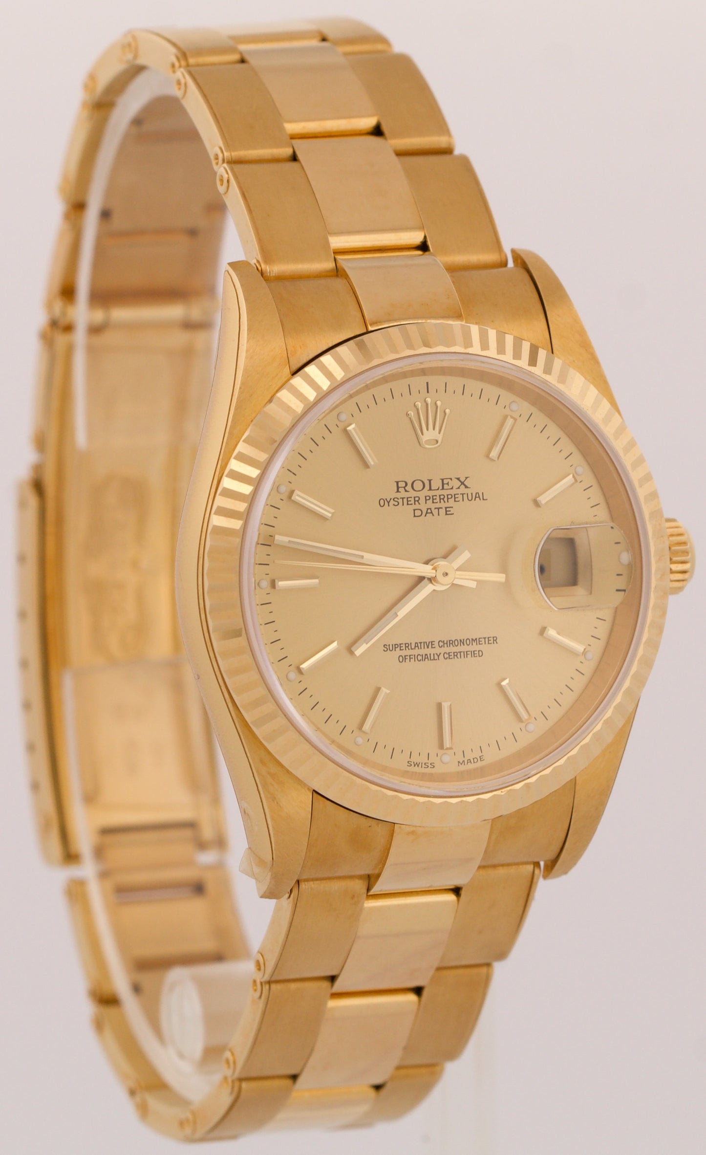 TOP CONDITION PAPERS Rolex Oyster Perpetual Date 34mm CHAMPAGNE 18K 15238 BOX