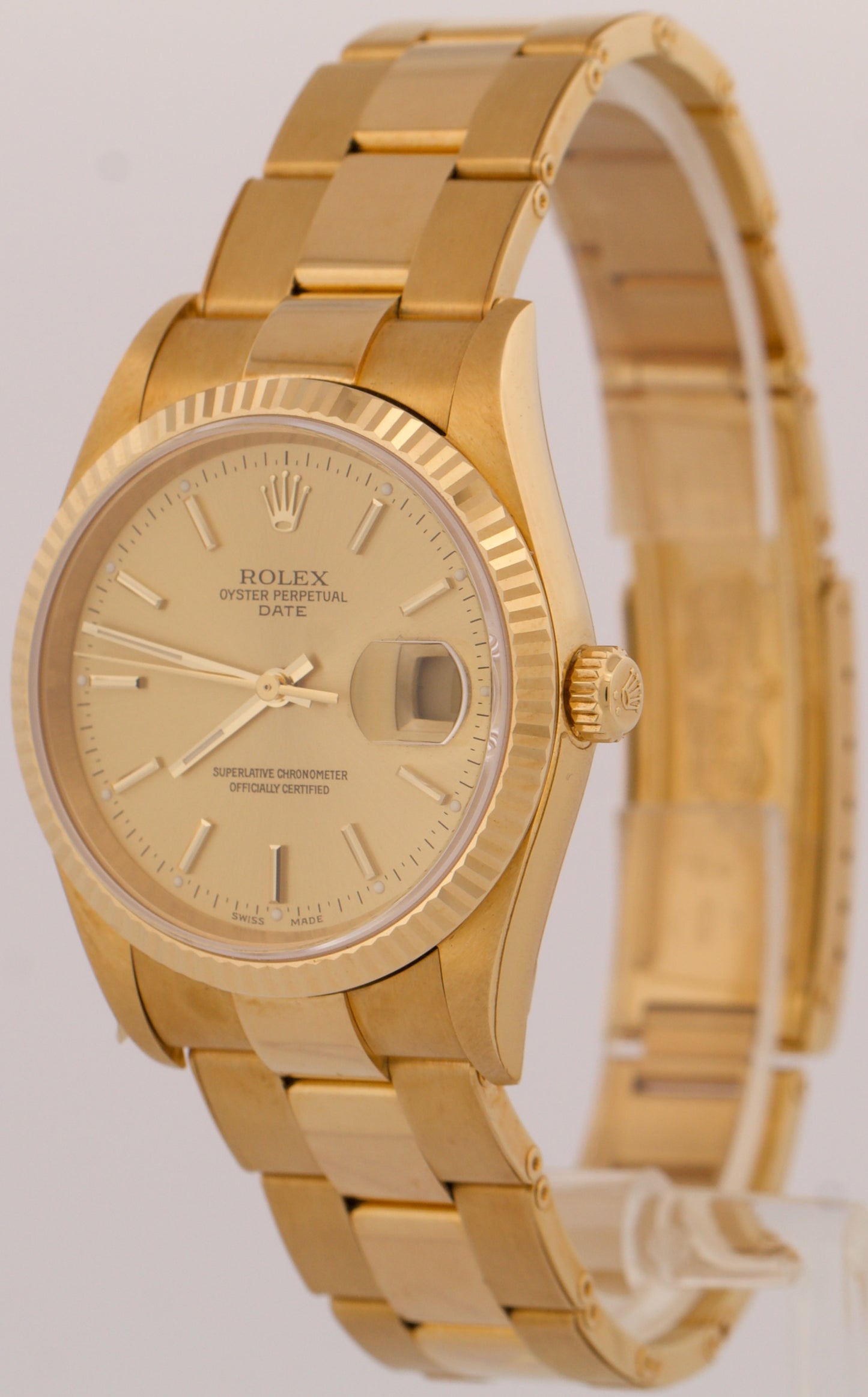 TOP CONDITION PAPERS Rolex Oyster Perpetual Date 34mm CHAMPAGNE 18K 15238 BOX