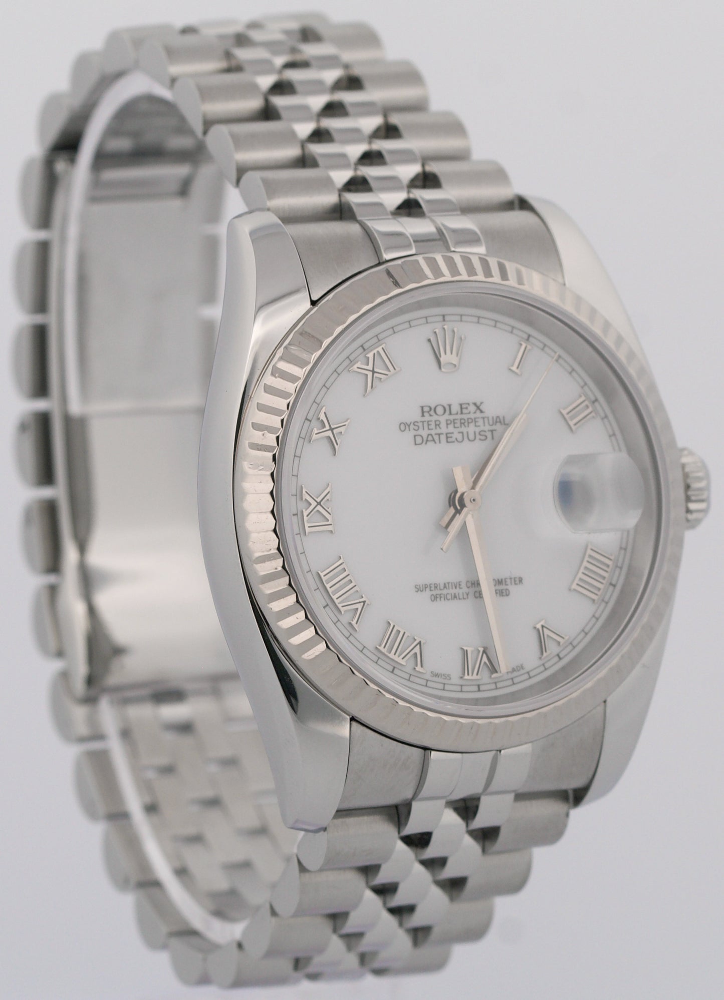 Rolex DateJust WHITE ROMAN 36mm 18K White Gold Fluted Steel JUBILEE 116234 Watch
