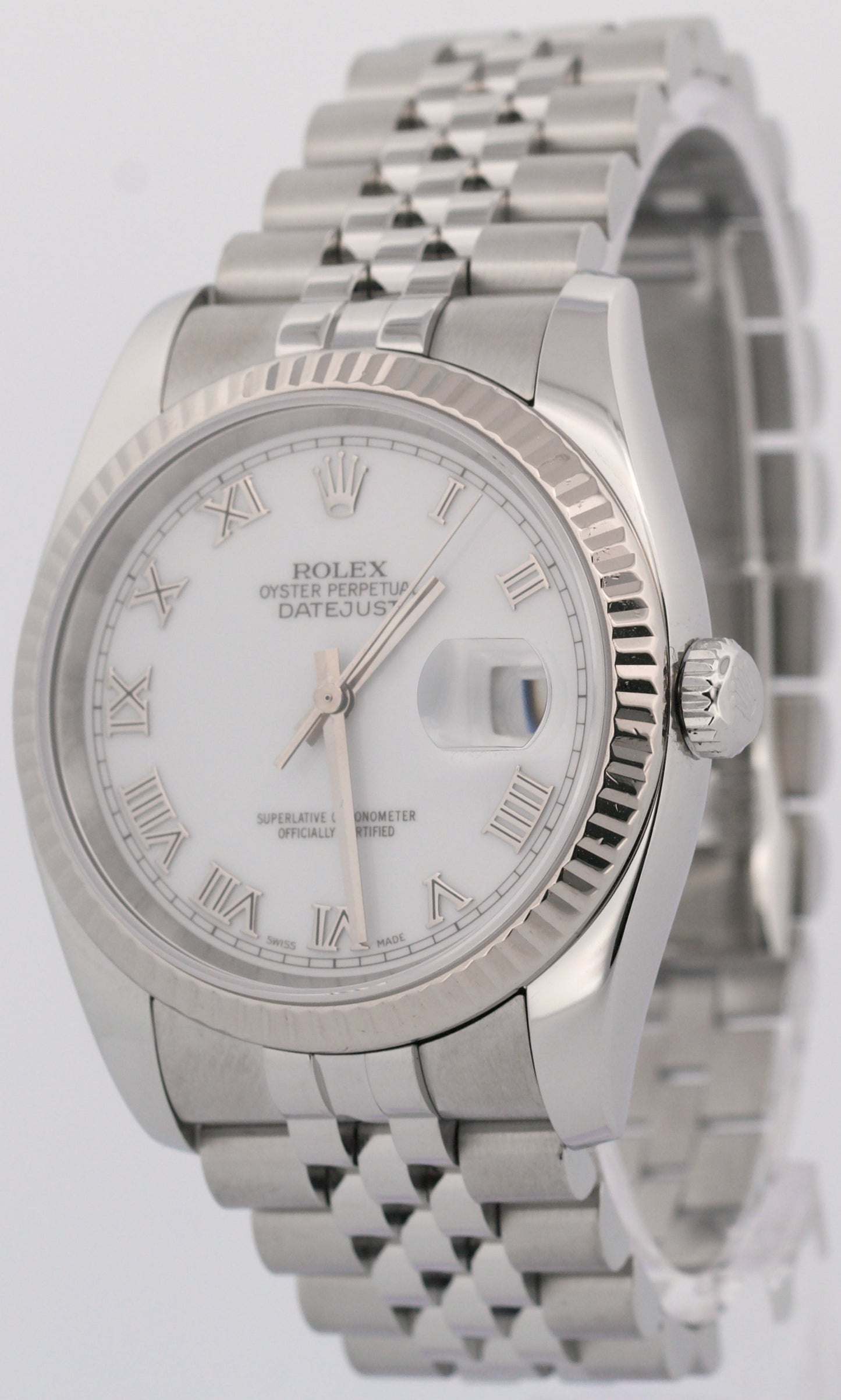Rolex DateJust WHITE ROMAN 36mm 18K White Gold Fluted Steel JUBILEE 116234 Watch