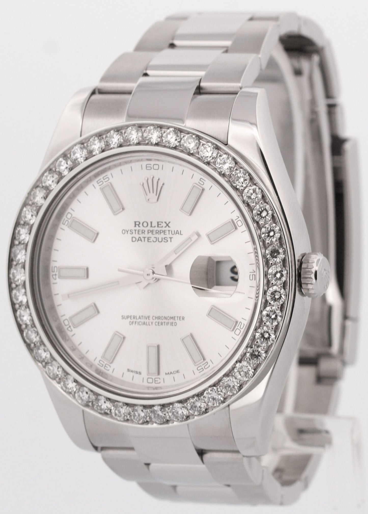 Rolex DateJust II 41mm SILVER Stainless Steel DIAMOND BEZEL Oyster 116300 BOX