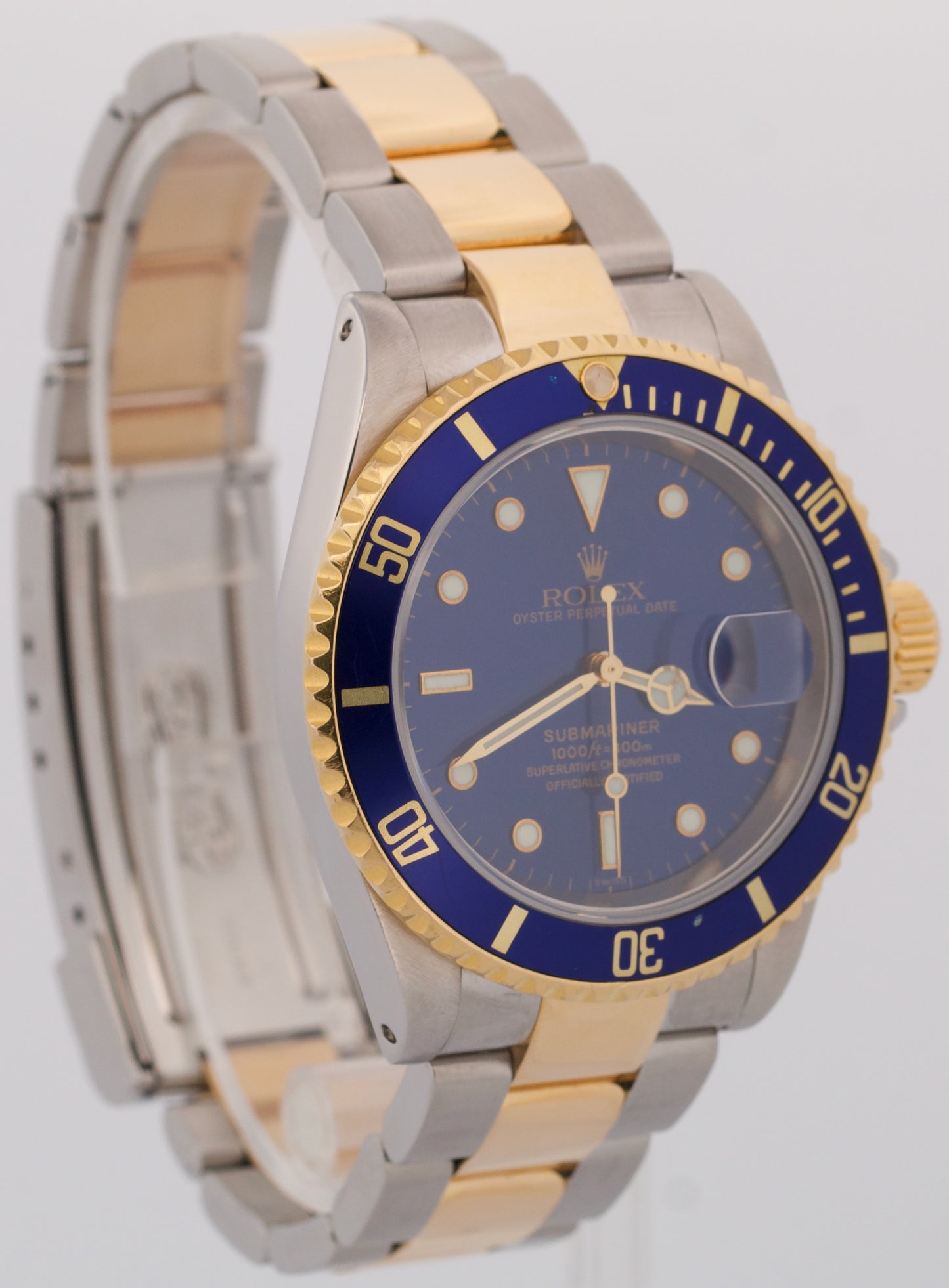 PAPERS Rolex Submariner 40mm BLUE 18K Yellow GOLD BUCKLE Stainless 16613 BOX