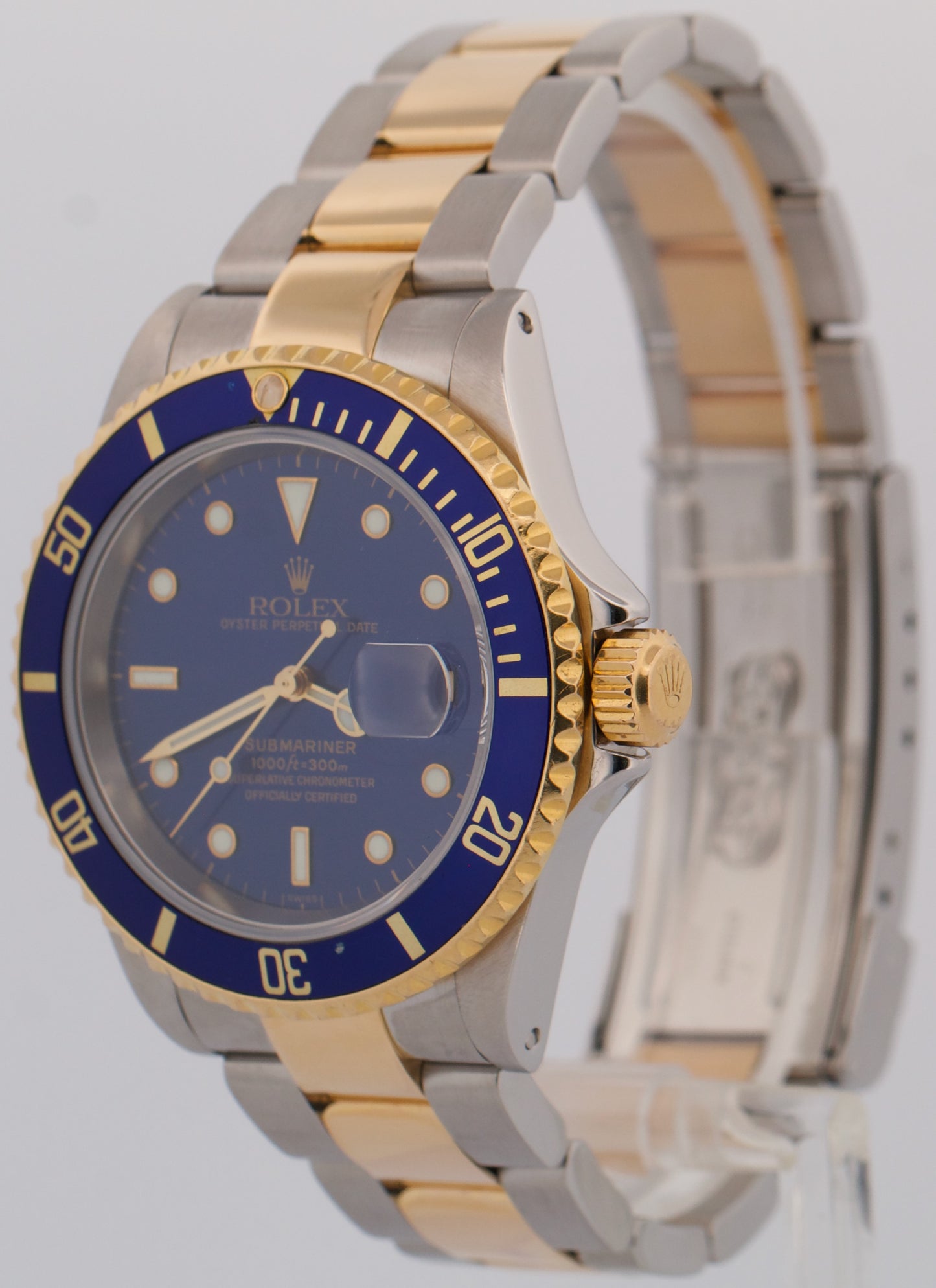 PAPERS Rolex Submariner 40mm BLUE 18K Yellow GOLD BUCKLE Stainless 16613 BOX