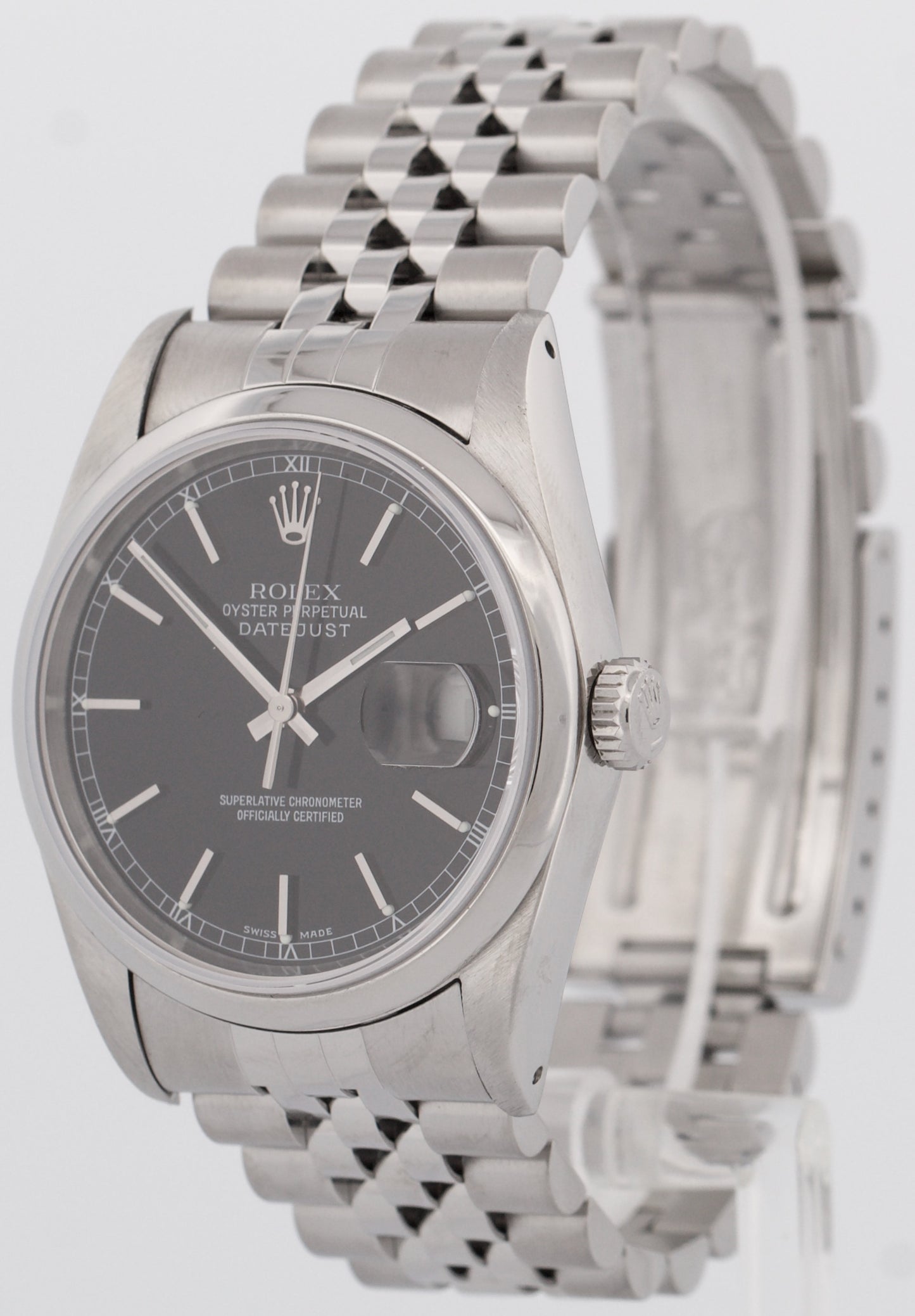 Rolex DateJust 36mm BLACK Stainless Steel JUBILEE Smooth Automatic Watch 16200