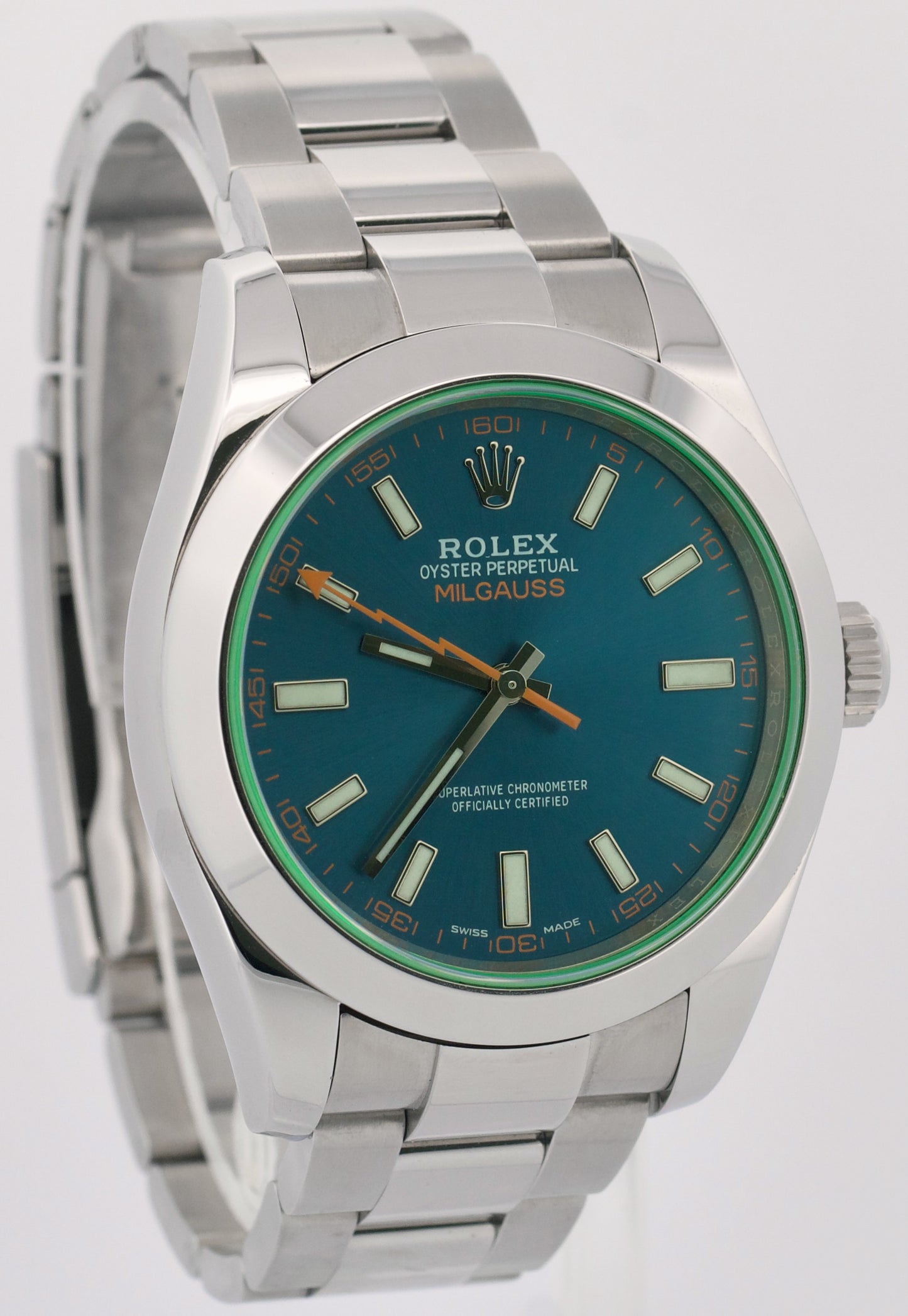PAPERS Rolex Milgauss Z-Blue Green Crystal BLUE 40mm 116400 GV Steel Watch BOX