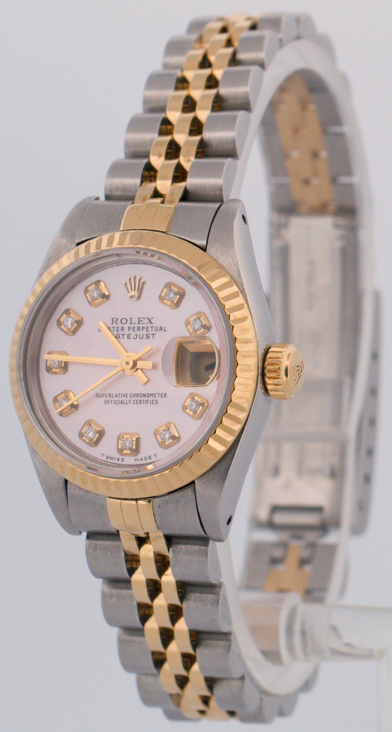 Ladies Rolex DateJust 26mm PINK MOP DIAMOND 18K Gold Steel JUBILEE Fluted 69173