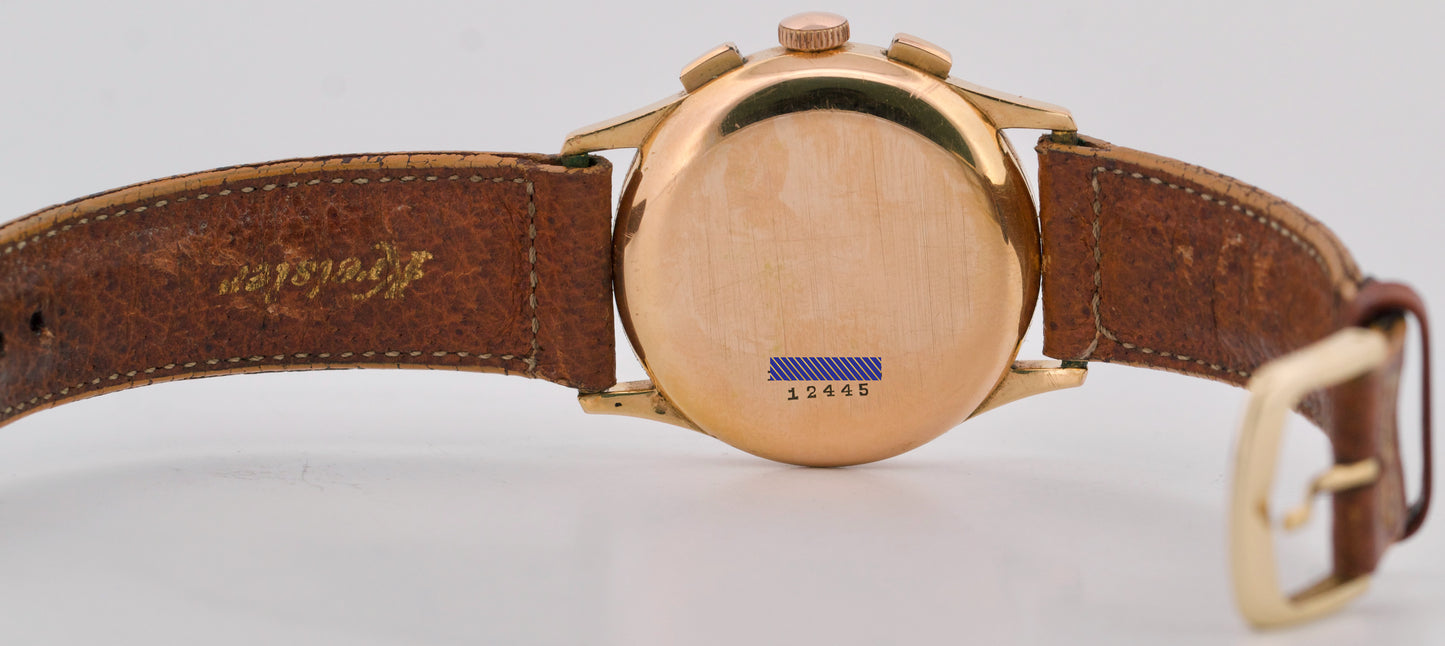 VINTAGE Universal Uni-Compax SILVER 35mm 18K Rose Gold Leather Manual 12445