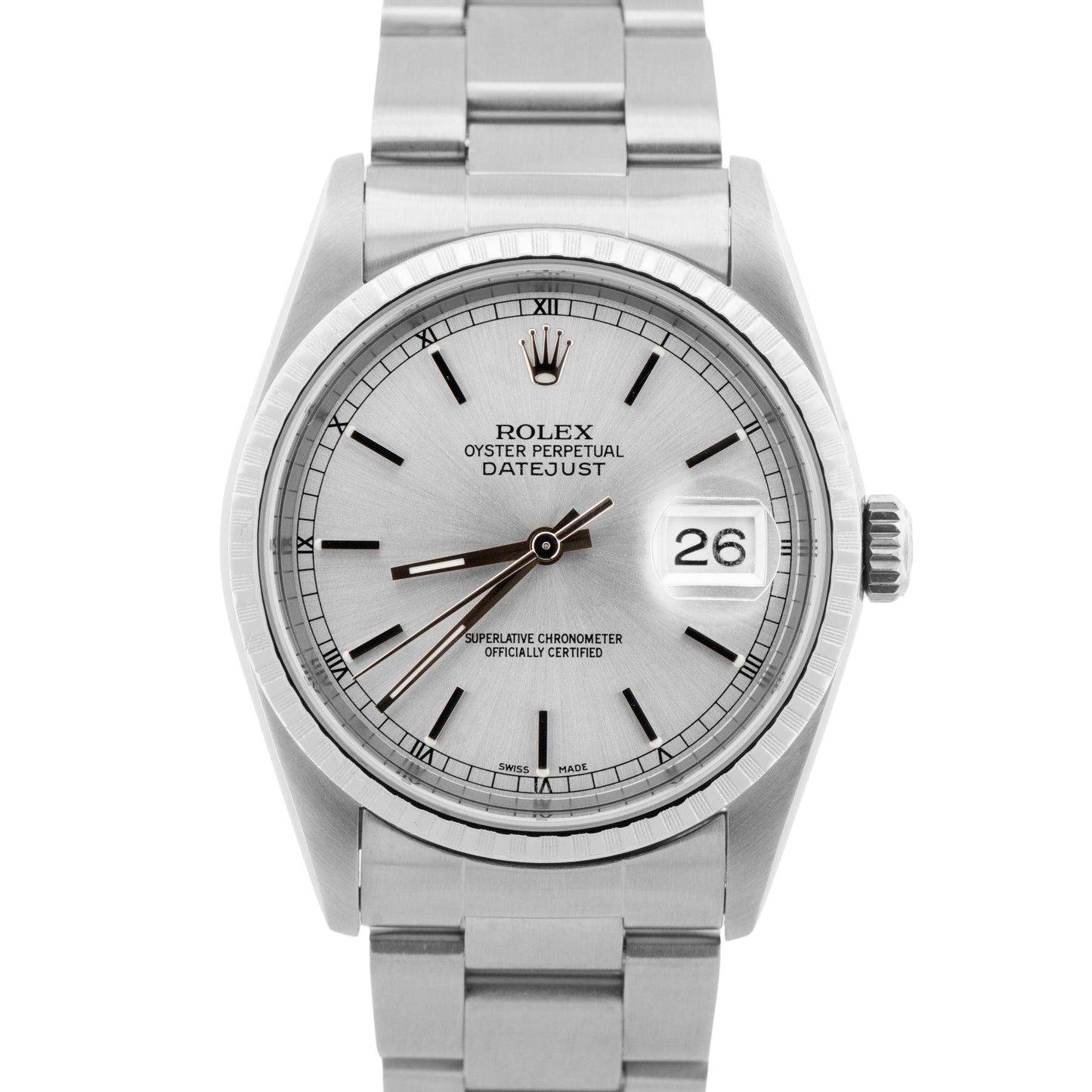 Rolex DateJust Silver 36mm ENGINE TURNED Stainless Steel Oyster Watch 16220