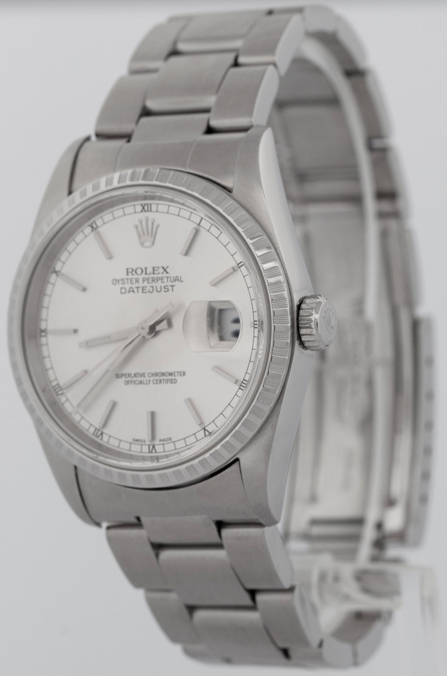 Rolex DateJust Silver 36mm ENGINE TURNED Stainless Steel Oyster Watch 16220