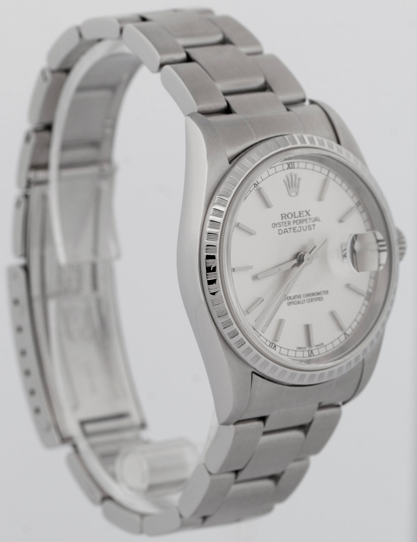 Rolex DateJust Silver 36mm ENGINE TURNED Stainless Steel Oyster Watch 16220