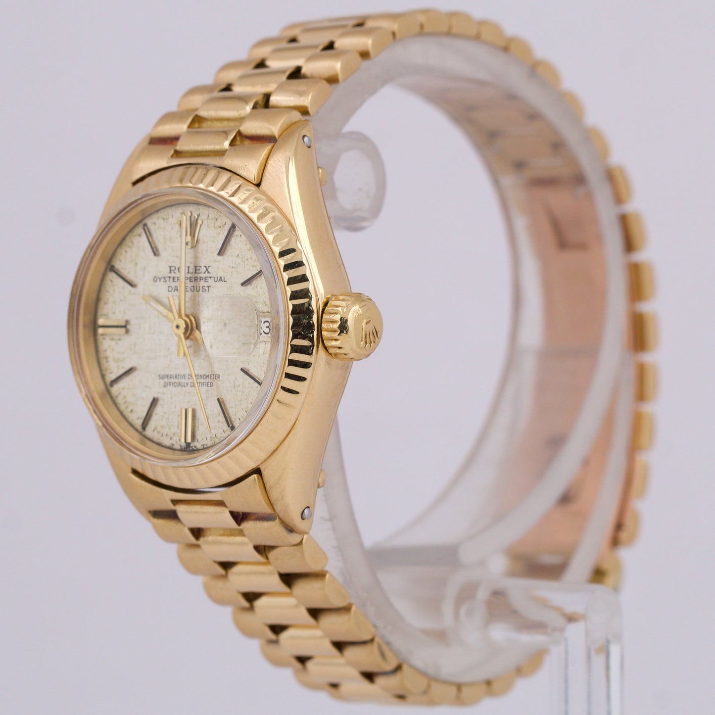 Rolex DateJust President 26mm SILVER LINEN 18K Yellow Gold Fluted Watch 6917