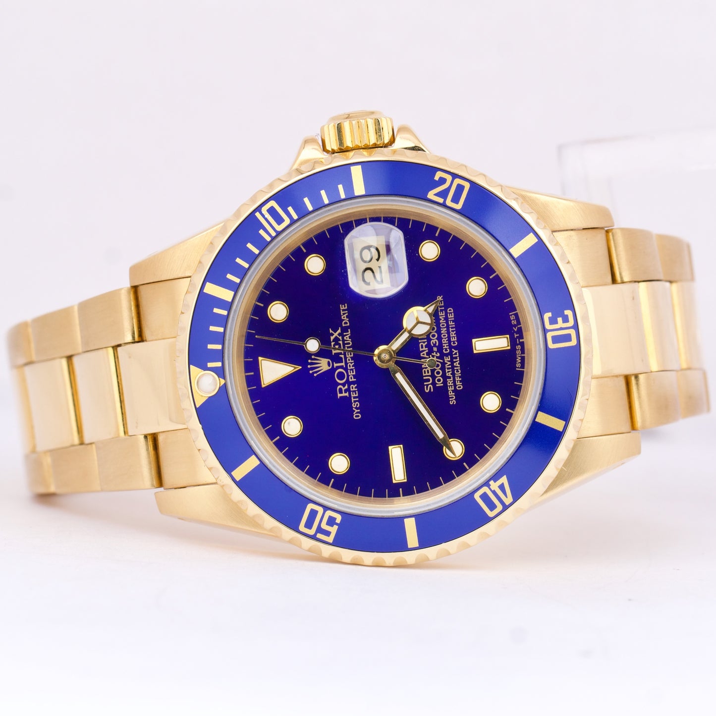 Rolex Submariner Date BLUE 18K Yellow Gold 40mm Oyster Automatic 16618 Watch
