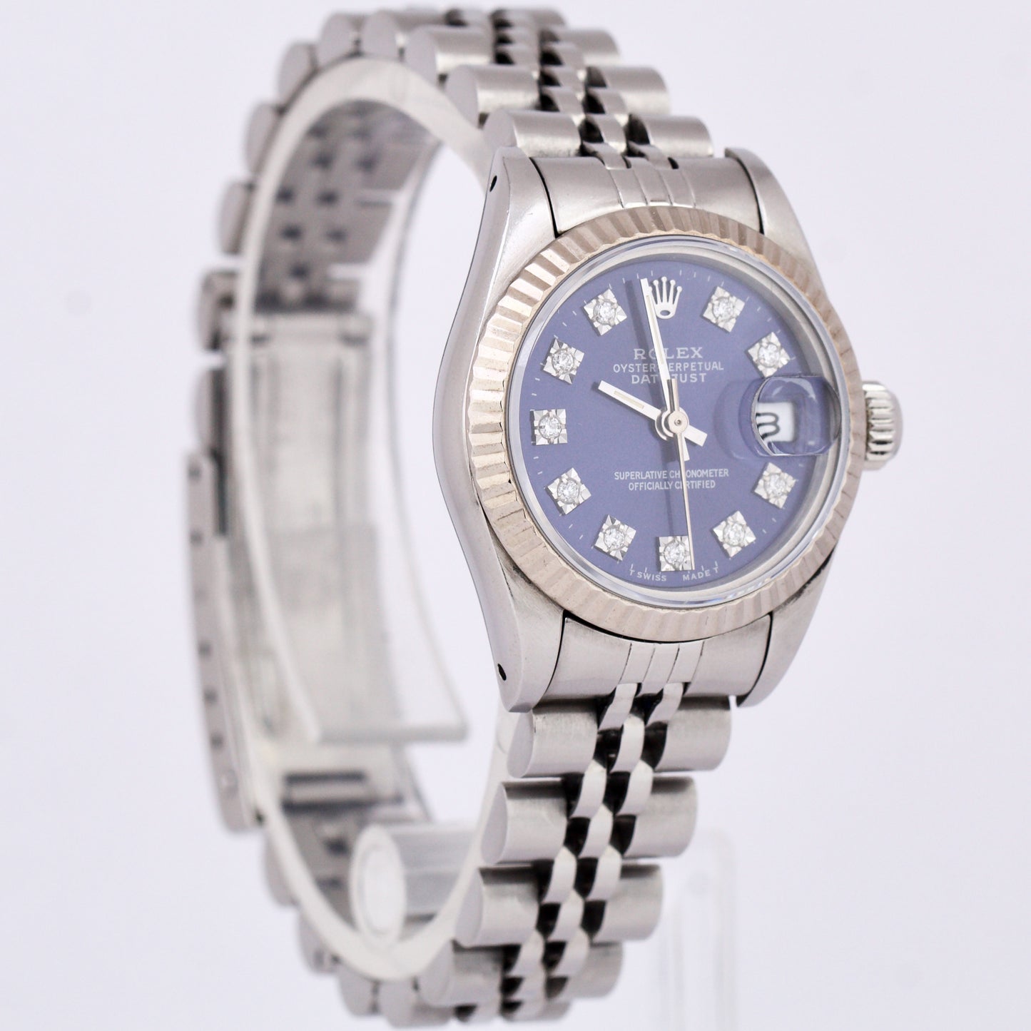 Rolex DateJust 26mm BLUE DIAMOND DIAL 18K White Gold Steel Fluted Jubilee 69174
