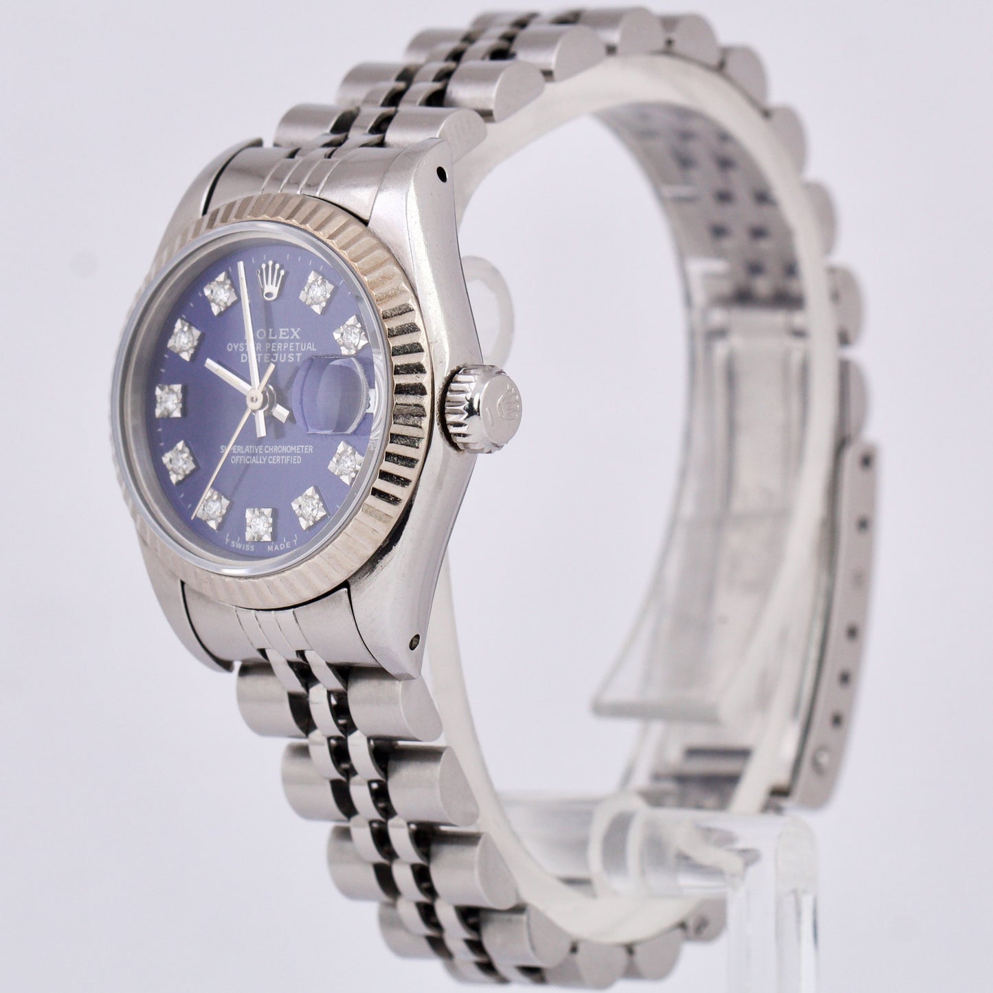 Rolex DateJust 26mm BLUE DIAMOND DIAL 18K White Gold Steel Fluted Jubilee 69174