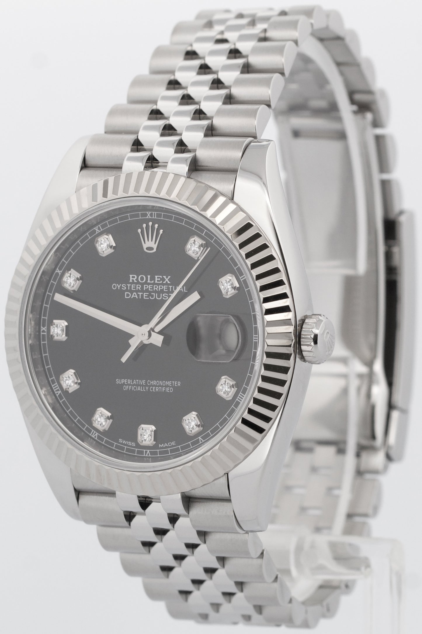 PAPERS Rolex DateJust 41mm BLACK DIAMOND 18K White Gold Steel JUBILEE 126334 BOX