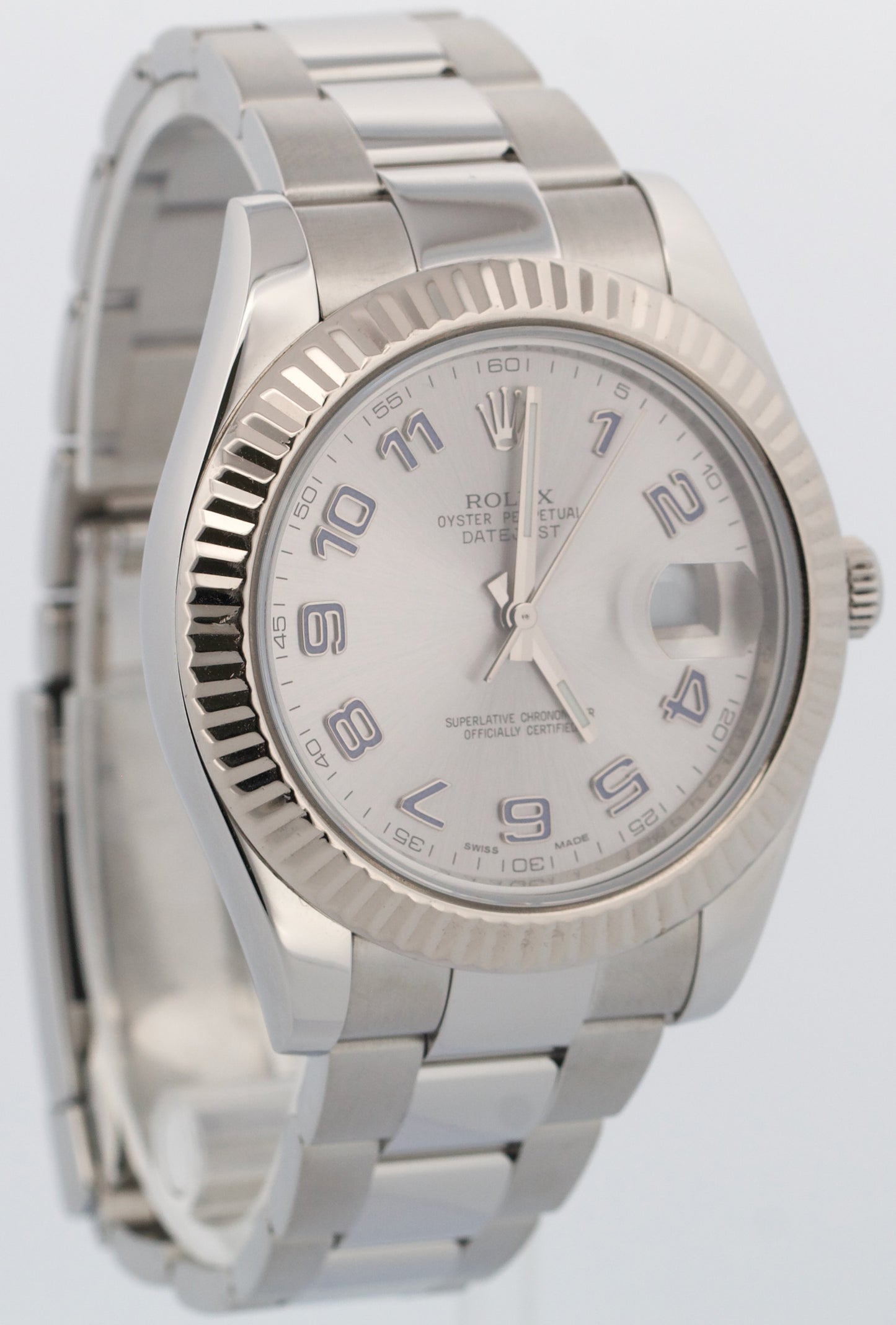 Rolex DateJust II 41mm SILVER Purple Arabic Steel 18K Gold Watch 116334 BOX