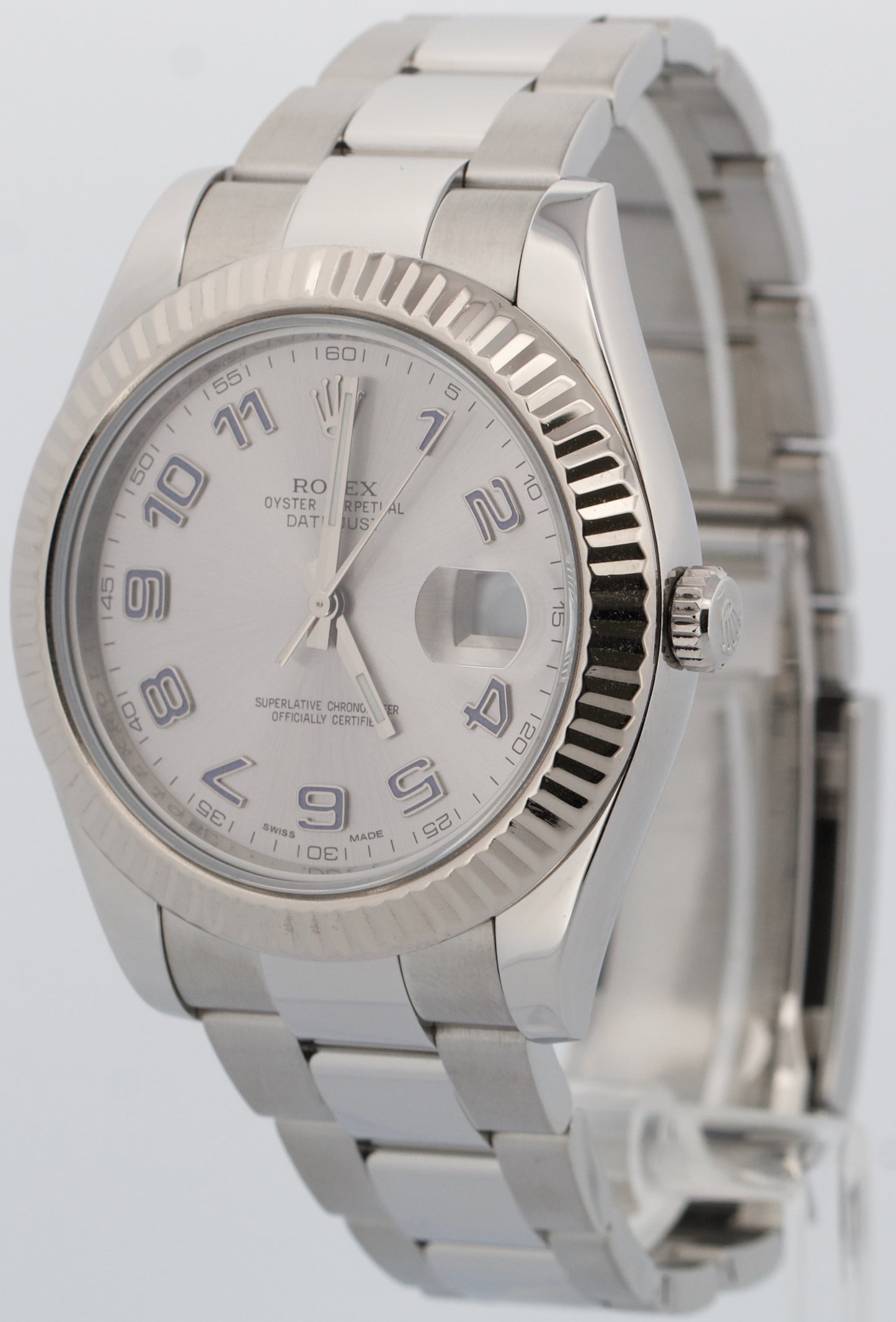 Rolex DateJust II 41mm SILVER Purple Arabic Steel 18K Gold Watch 116334 BOX