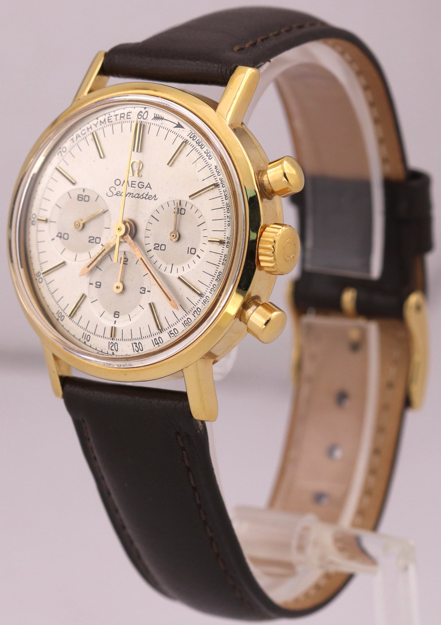 VINTAGE Omega Seamaster Chronograph SILVER 18K Gold Steel 35mm 145.005-67 Watch