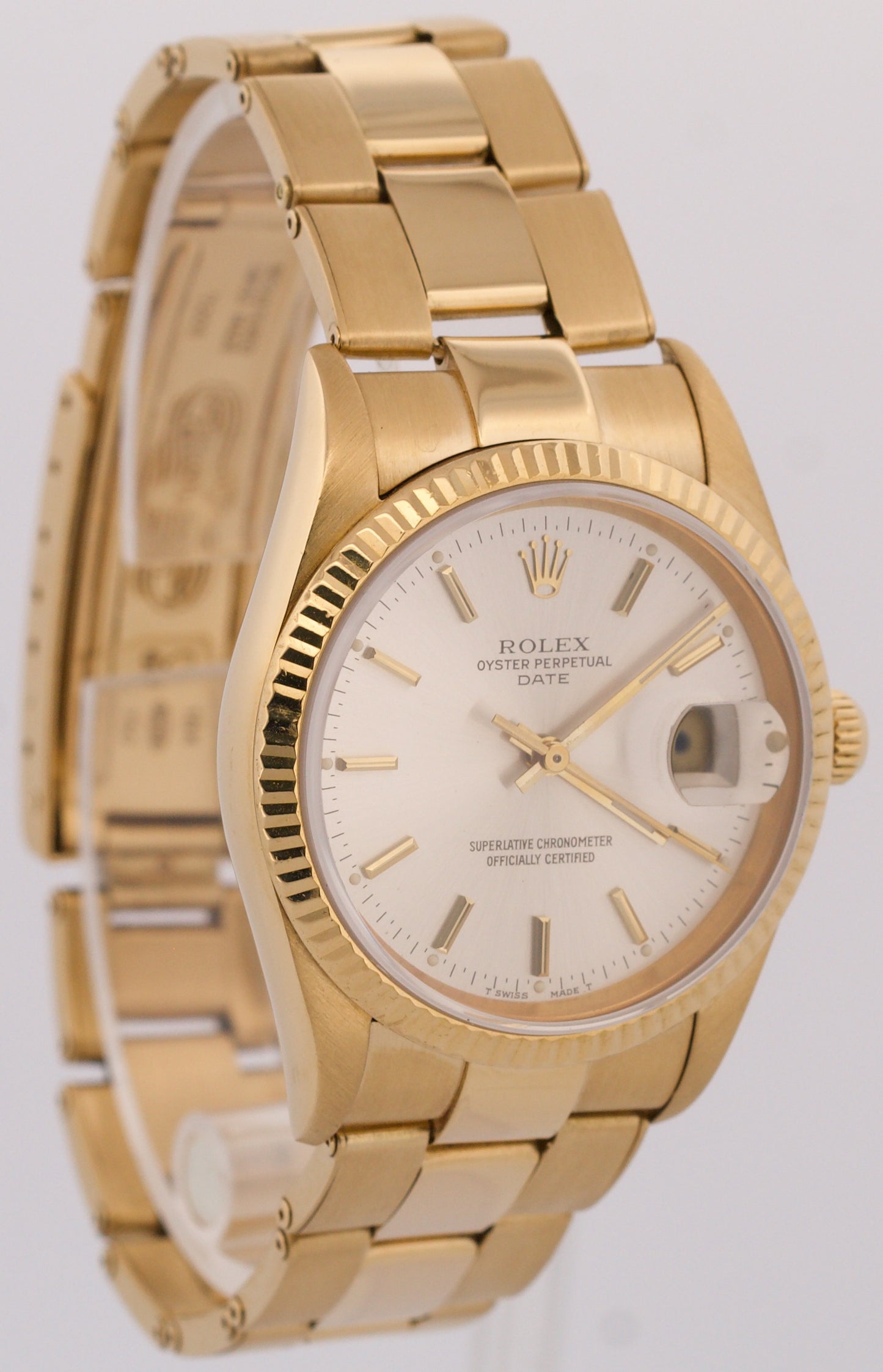 Rolex Oyster Perpetual Date 34mm SILVER 18K Yellow Gold FLUTED Watch 15238