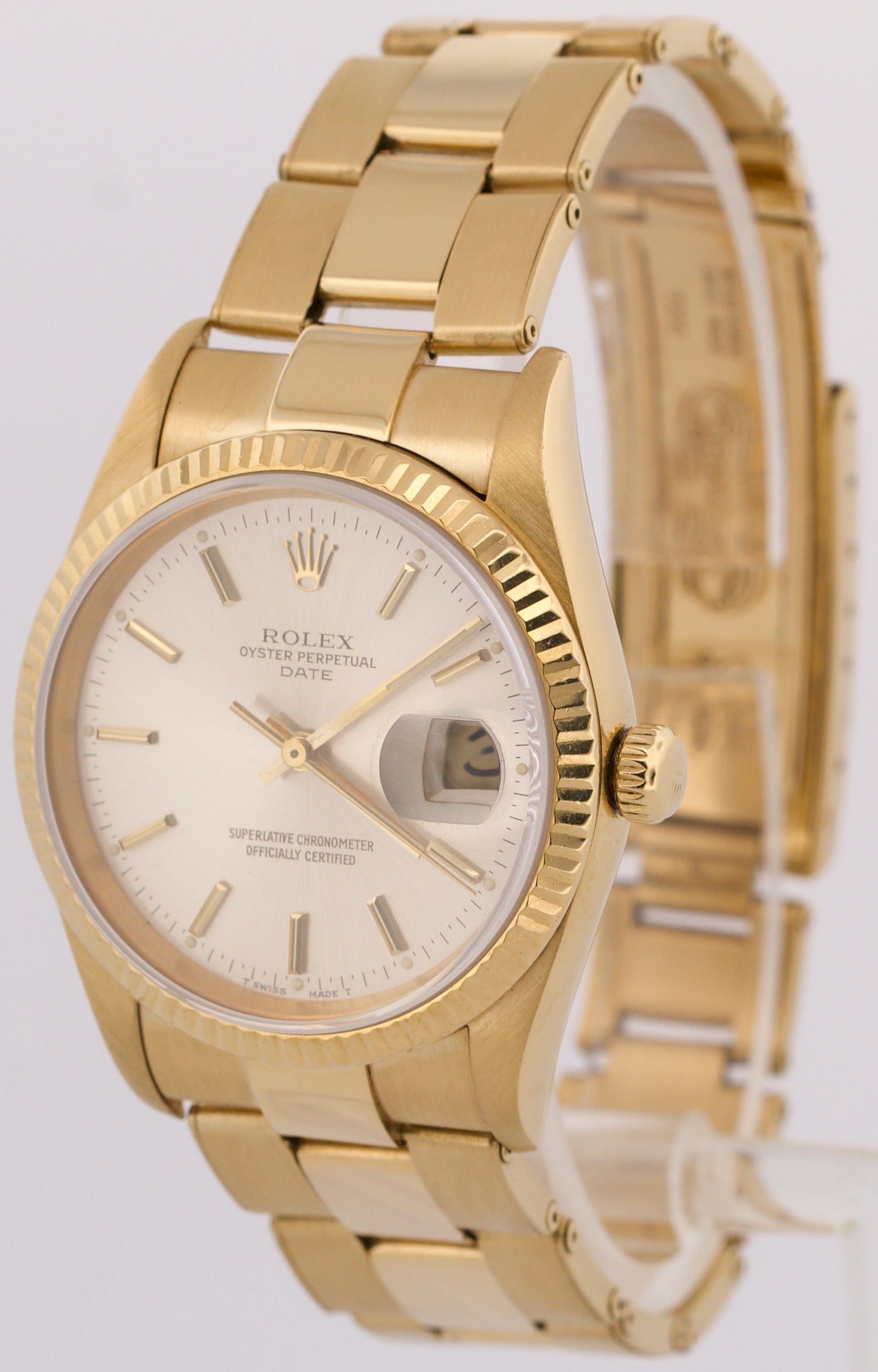 Rolex Oyster Perpetual Date 34mm SILVER 18K Yellow Gold FLUTED Watch 15238