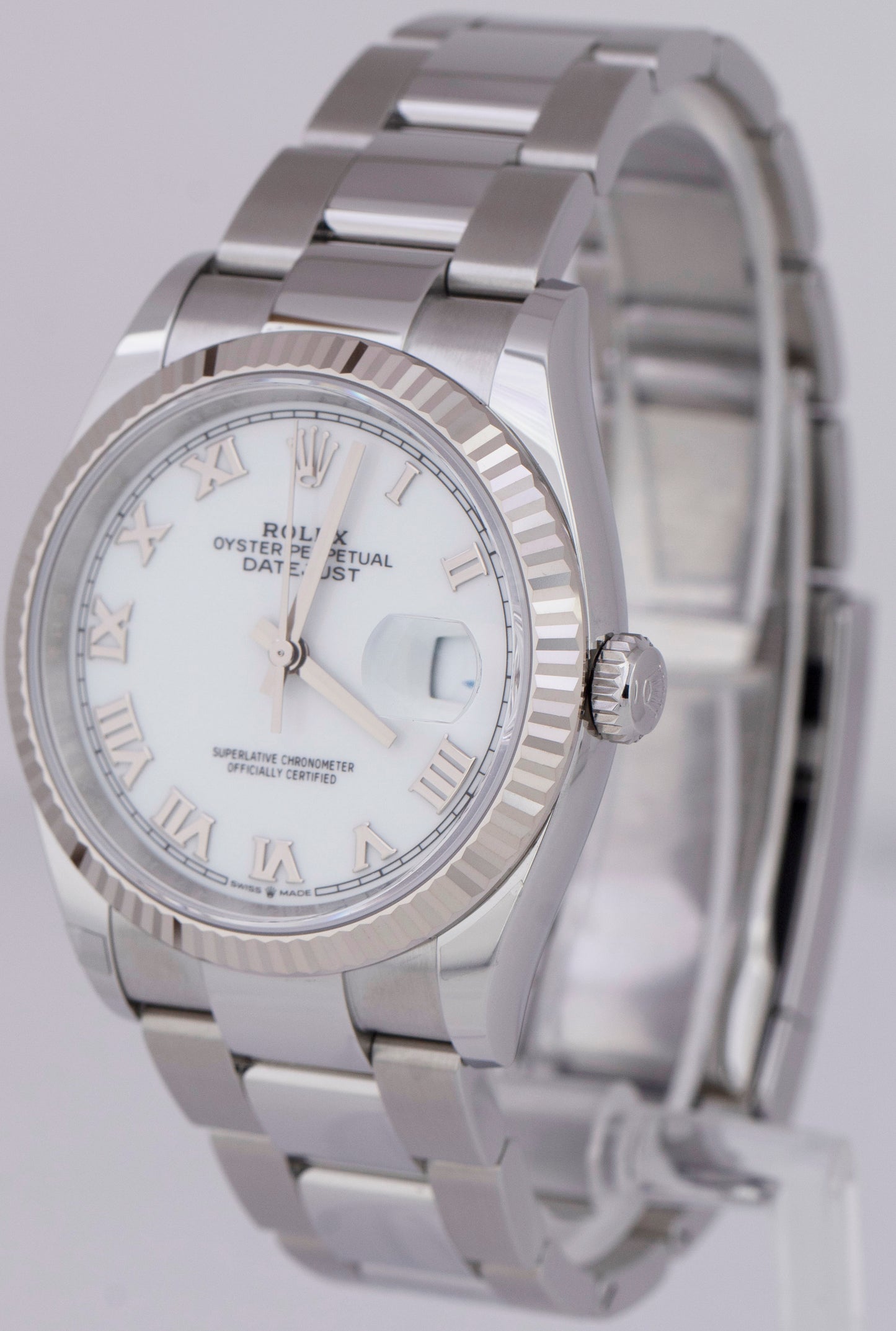 NEW 2023 PAPERS Rolex DateJust 36mm White Roman Steel Oyster Watch 126234 B+P