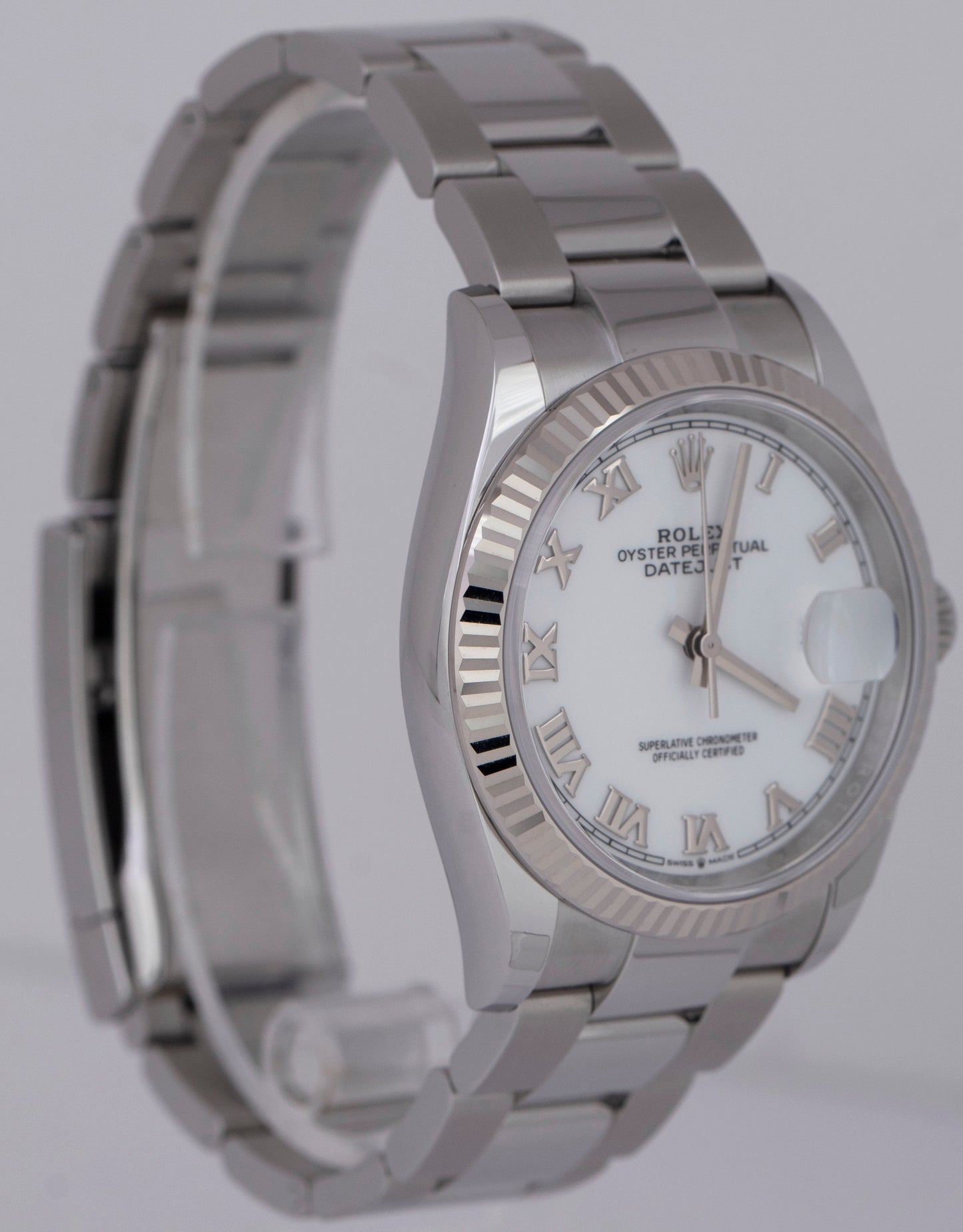 NEW 2023 PAPERS Rolex DateJust 36mm White Roman Steel Oyster Watch 126234 B+P