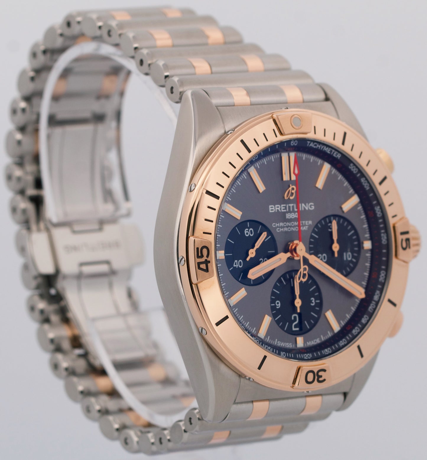 PAPERS Breitling Chronomat B01 42mm GRAY Two-Tone Gold Steel Watch UB0134 BOX