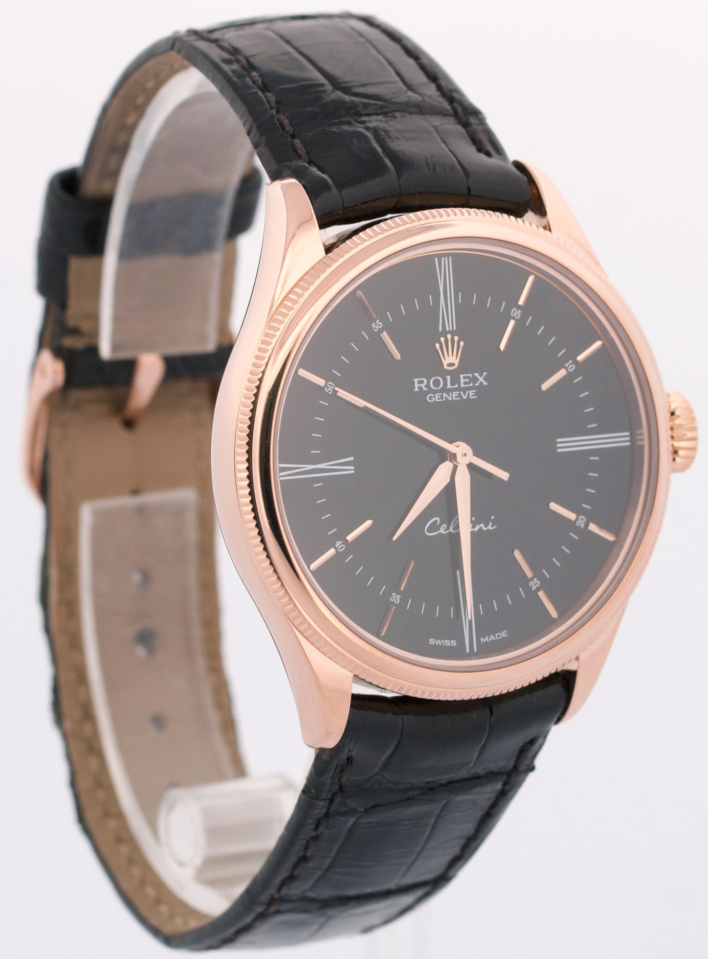 Rolex Cellini 18k Rose Gold BLACK Roman Leather Automatic 39mm 50505 Watch