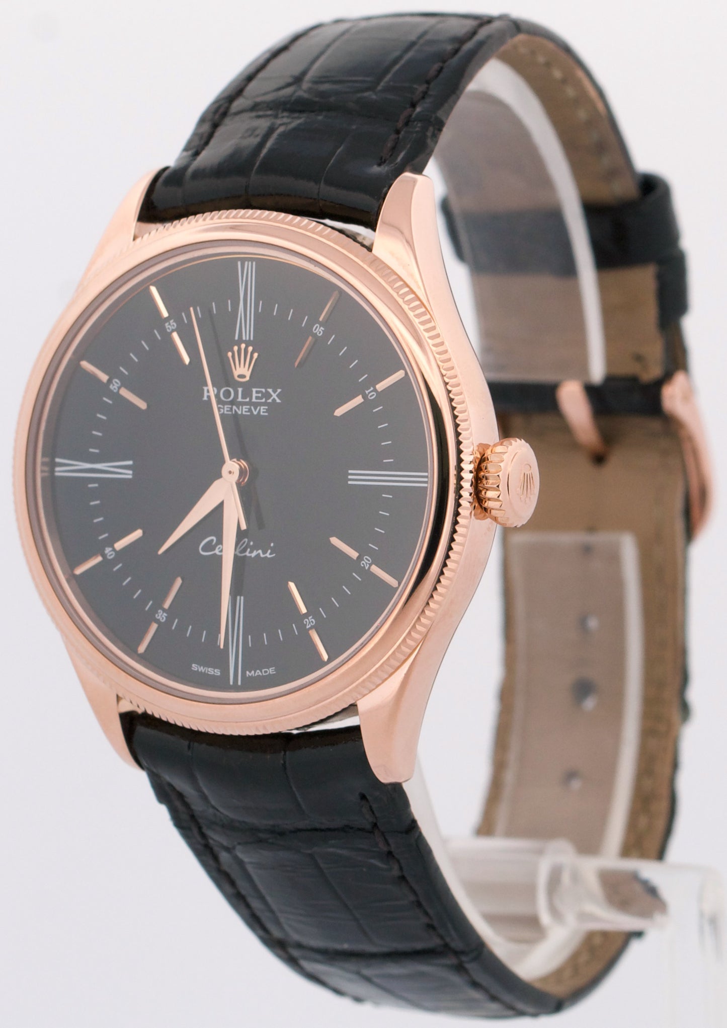 Rolex Cellini 18k Rose Gold BLACK Roman Leather Automatic 39mm 50505 Watch