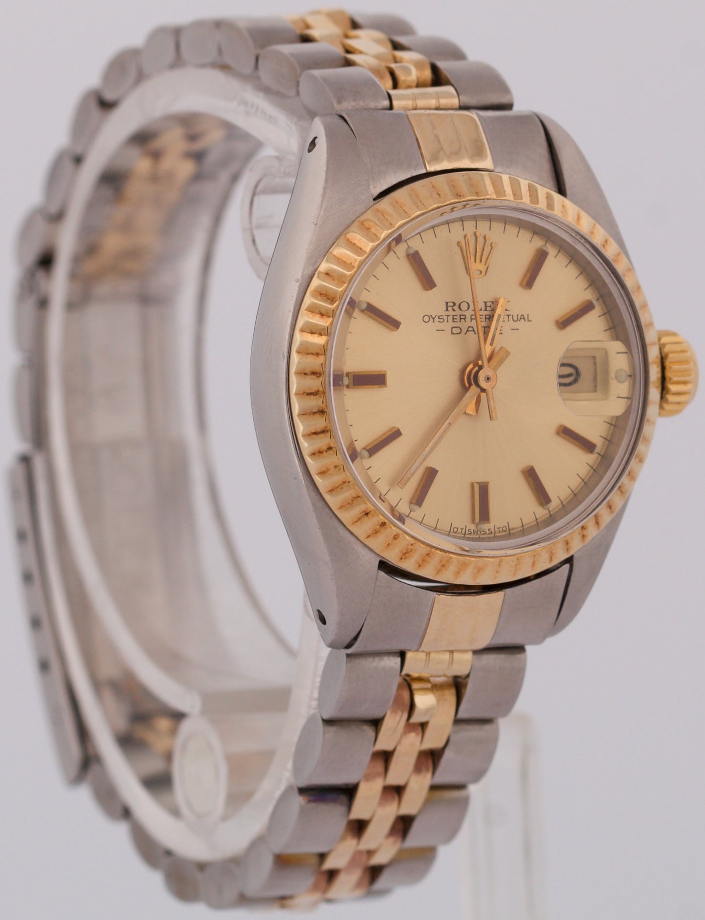 1974 Rolex Date 26mm CHAMPAGNE 18K Yellow Gold Steel Fluted JUBILEE 6917 Watch