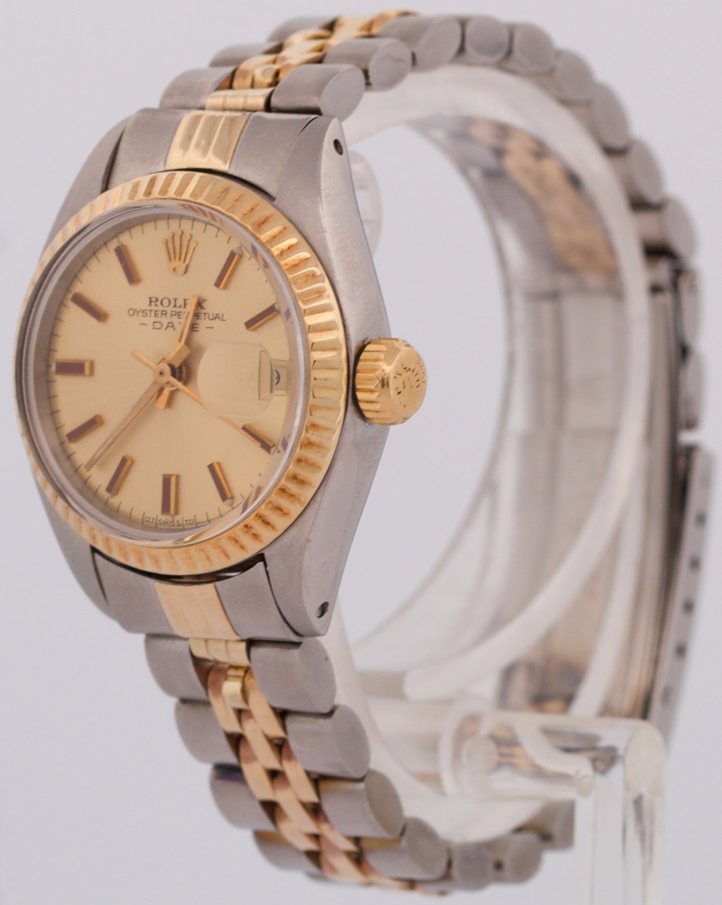 1974 Rolex Date 26mm CHAMPAGNE 18K Yellow Gold Steel Fluted JUBILEE 6917 Watch