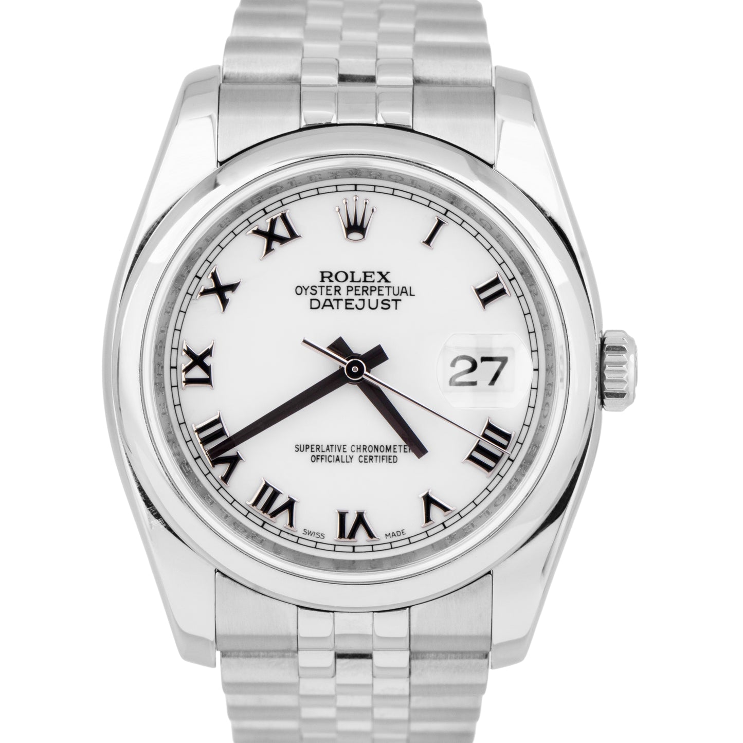 Rolex DateJust 36mm White Roman Dial Stainless Steel Jubilee Date Watch 116200