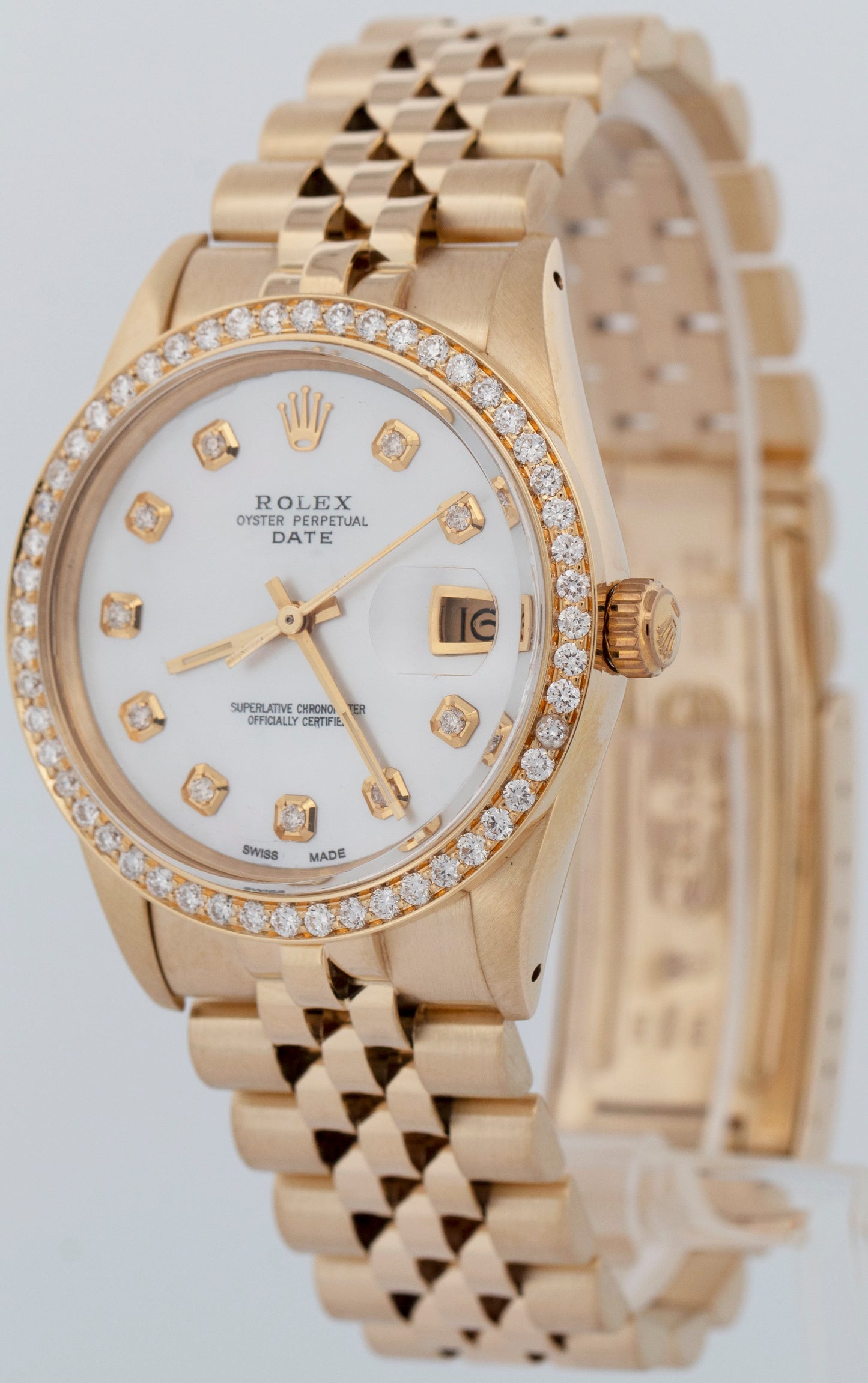 MINT Rolex Oyster Perpetual Date 34mm DIAMOND 14K Yellow Gold Watch 15037 BOX