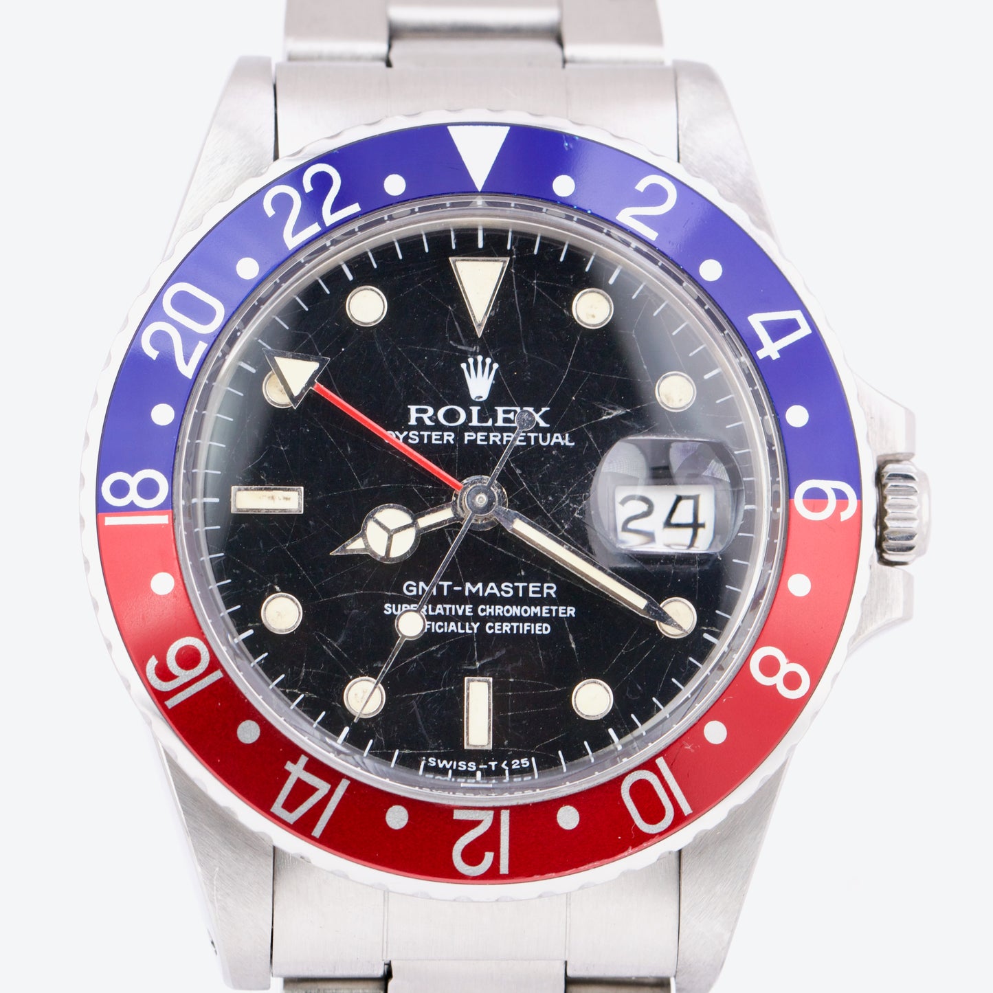 1986 Rolex GMT-Master GLOSSY PATINA Blue Red SPIDER DIAL Steel PEPSI 16750 Watch