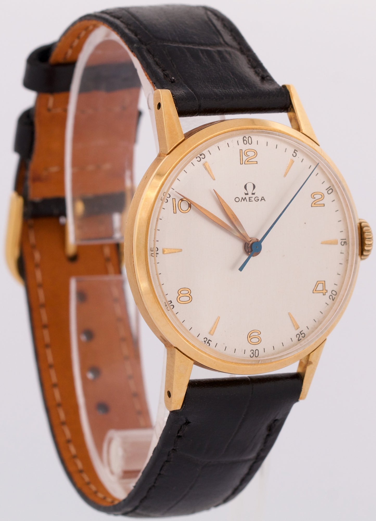 VINTAGE Omega 18K Rose Gold SILVERED IVORY Leather Manual 35mm 2320 Watch