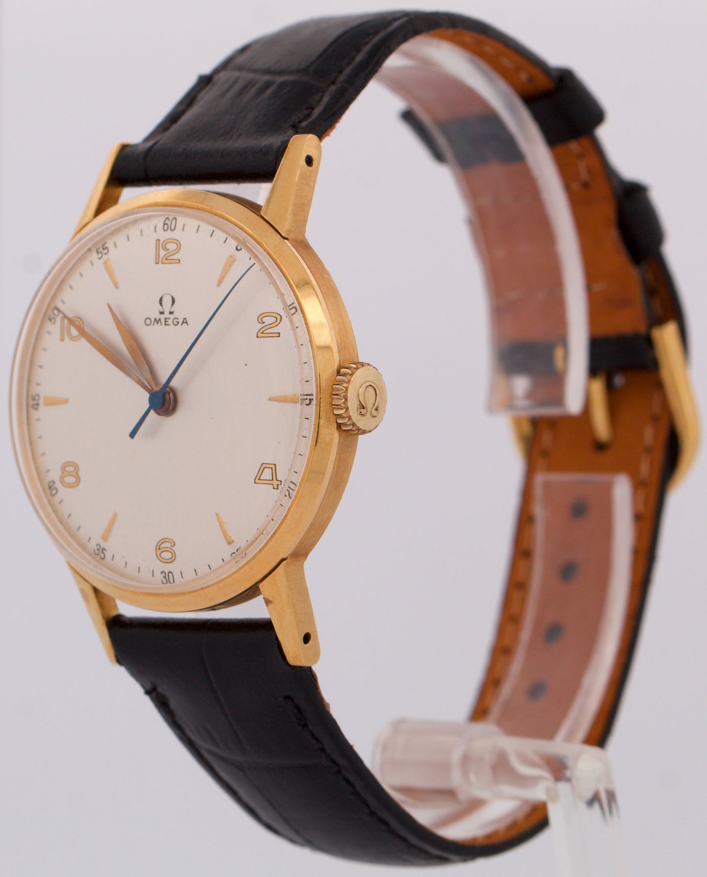 VINTAGE Omega 18K Rose Gold SILVERED IVORY Leather Manual 35mm 2320 Watch