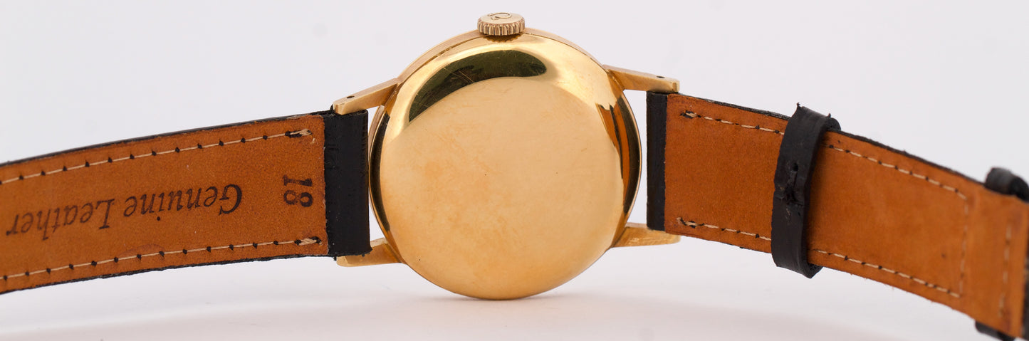 VINTAGE Omega 18K Rose Gold SILVERED IVORY Leather Manual 35mm 2320 Watch