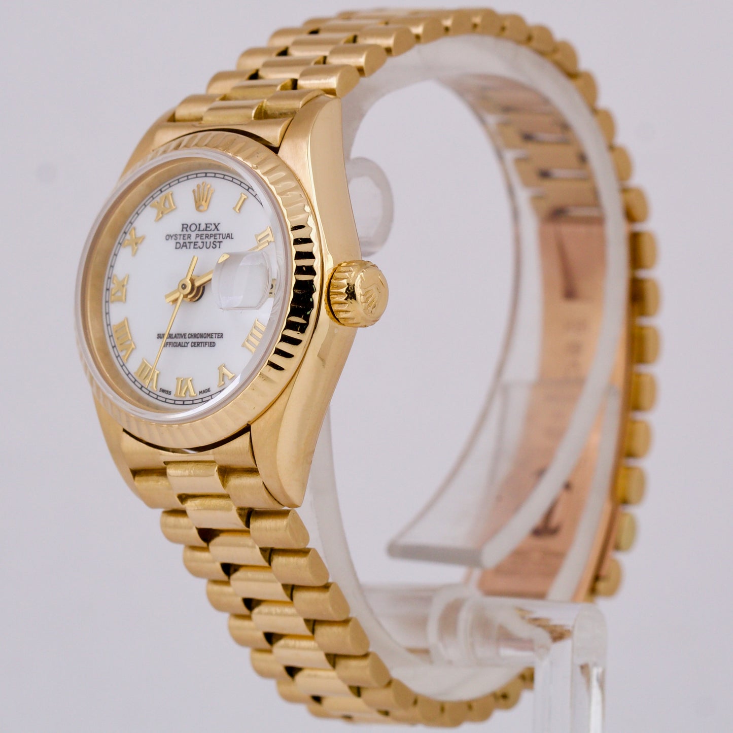 Ladies Rolex DateJust President 26mm WHITE ROMAN 18K Gold NO HOLES 69178 BOX