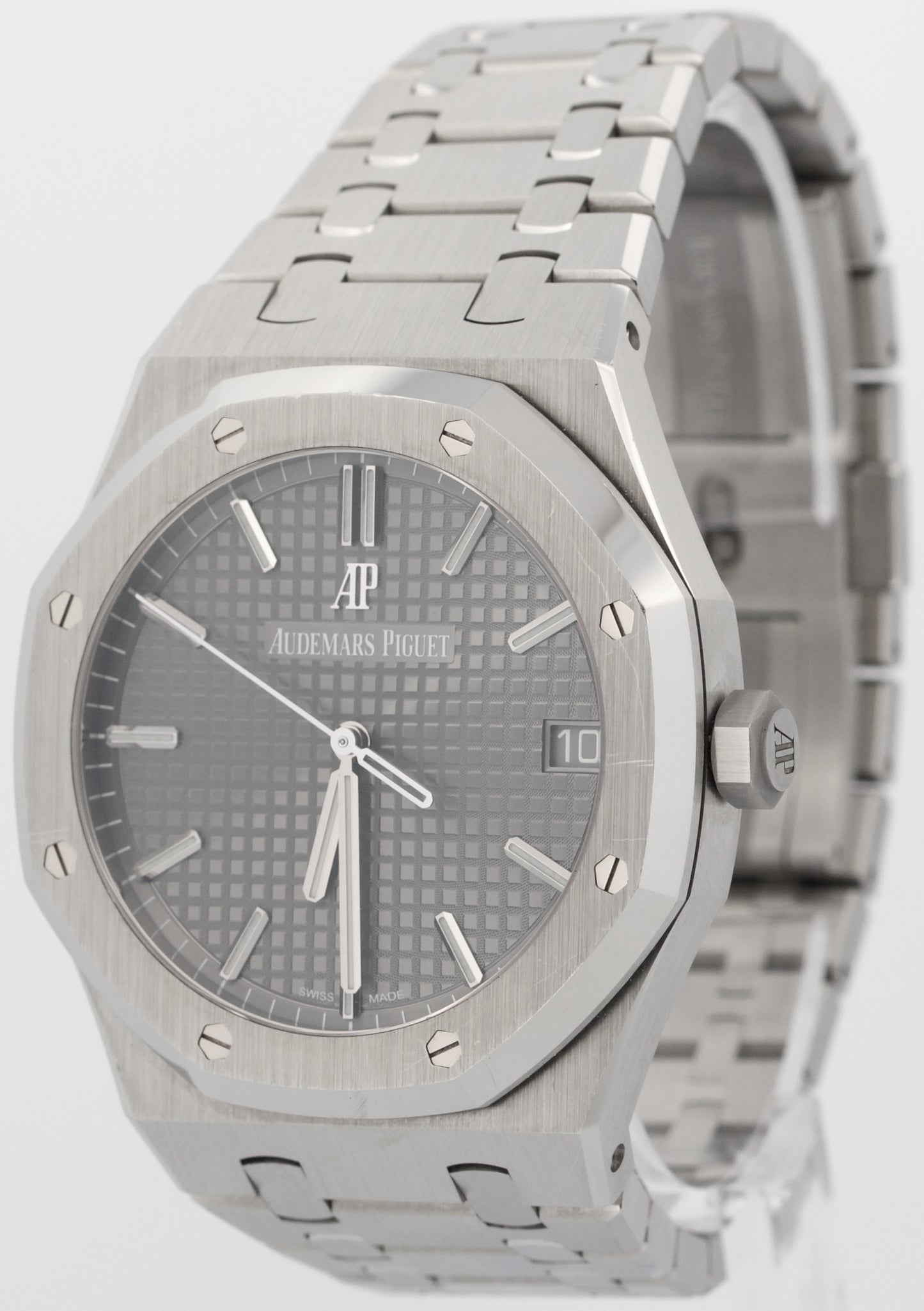 PAPERS Audemars Piguet Royal Oak Gray RHODIUM Stainless 41mm 15500ST Watch BOX