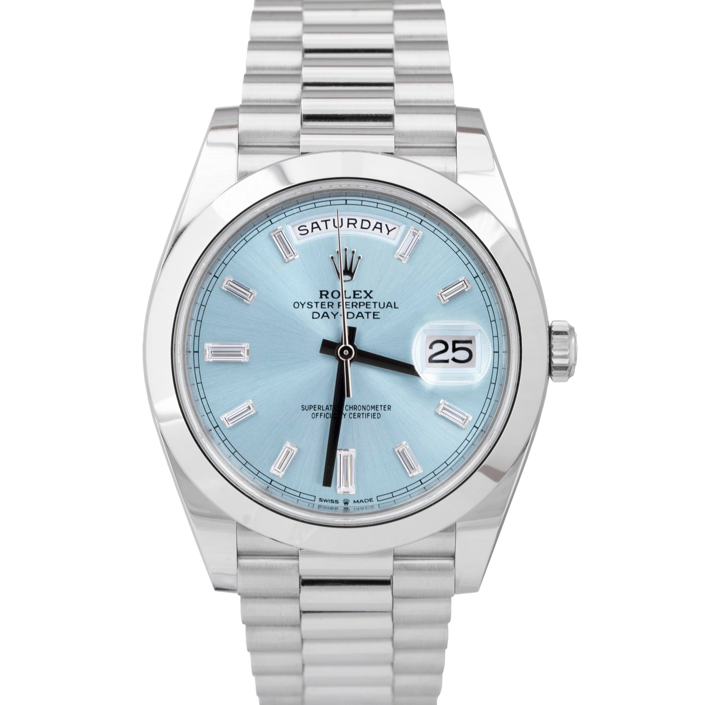 2020 Rolex Day-Date President 40 Platinum Blue DIAMOND Baguette 228206 B+P