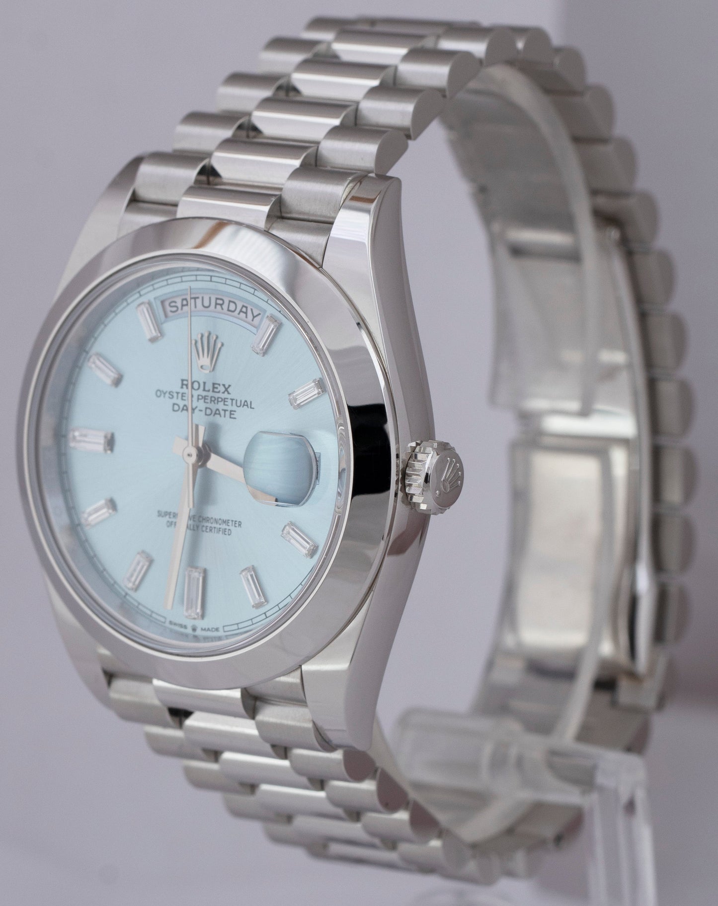 2020 Rolex Day-Date President 40 Platinum Blue DIAMOND Baguette 228206 B+P