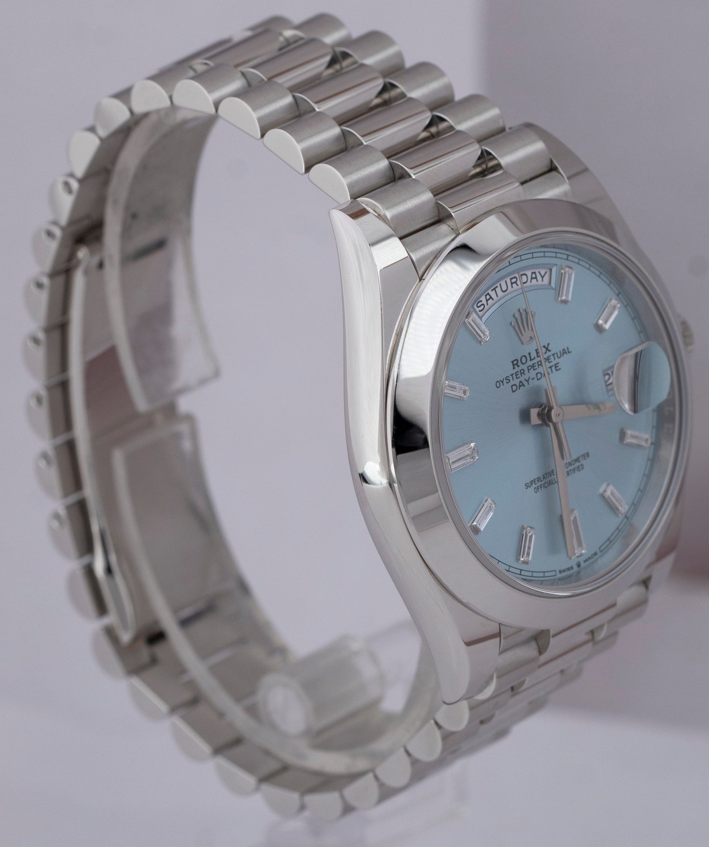 2020 Rolex Day-Date President 40 Platinum Blue DIAMOND Baguette 228206 B+P