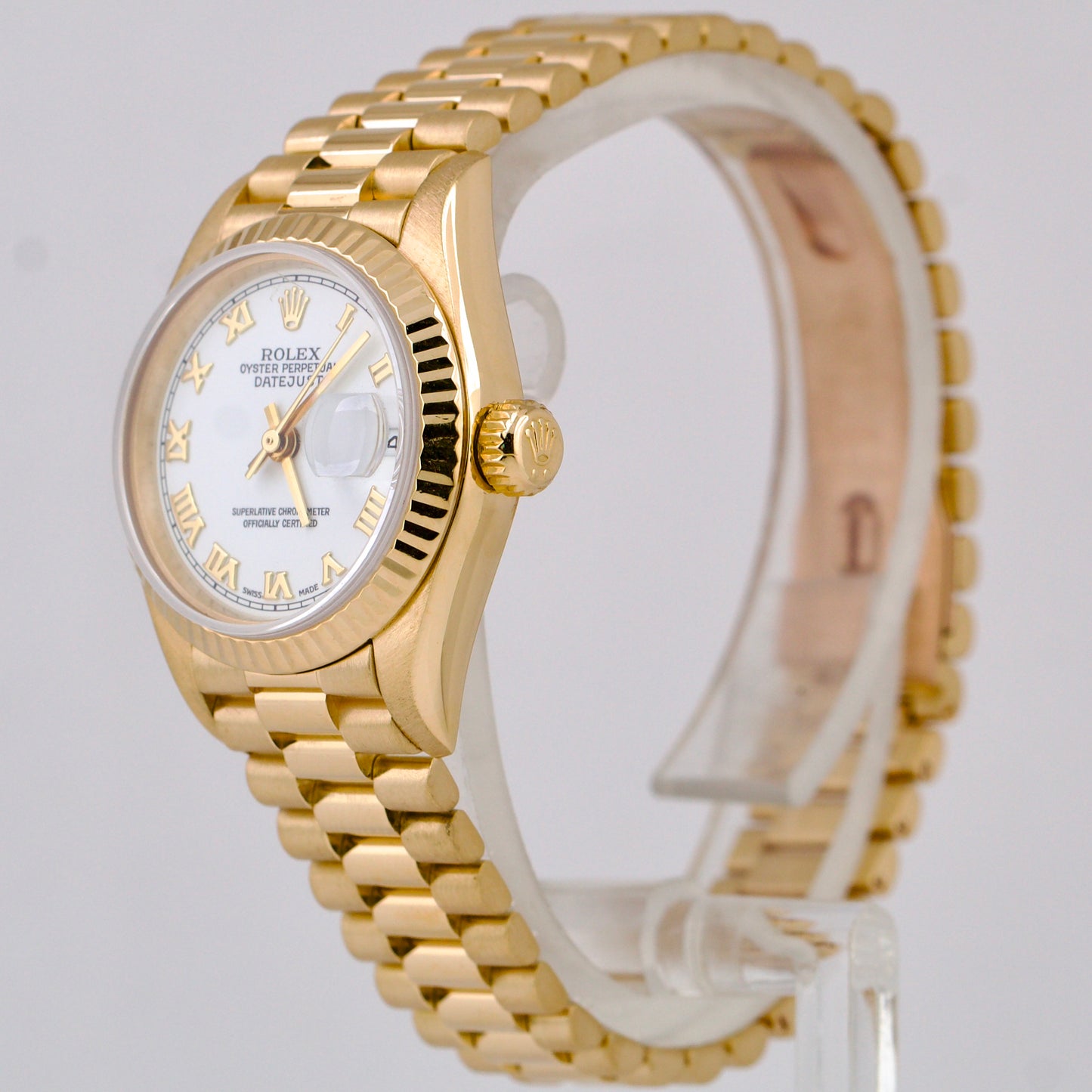 Ladies Rolex DateJust 79178 WHITE ROMAN 26mm 18K Gold President PAPERS Watch B+P