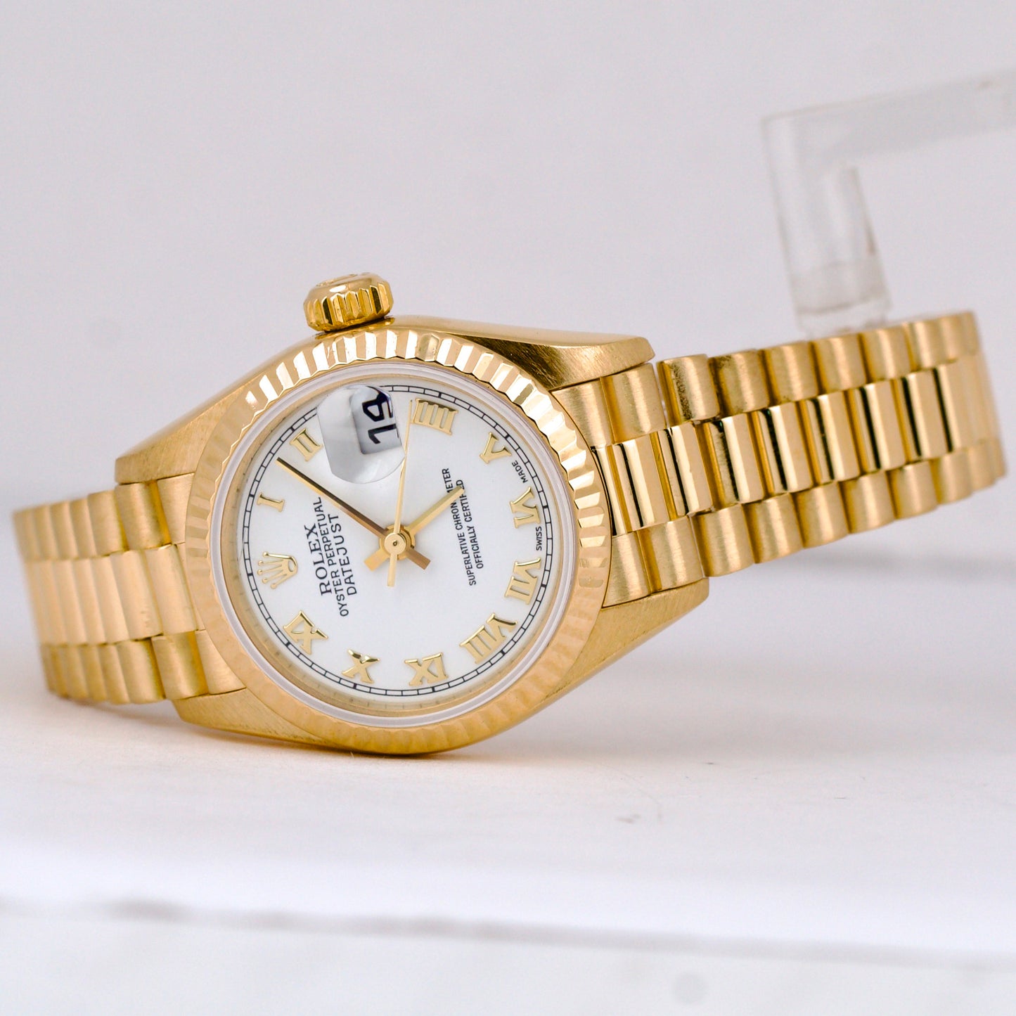 Ladies Rolex DateJust 79178 WHITE ROMAN 26mm 18K Gold President PAPERS Watch B+P