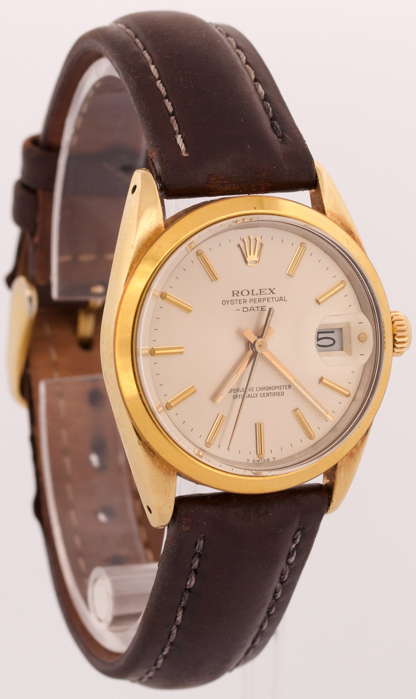 1987 PAPERS Rolex Oyster Perpetual Date 34mm Gold Leather SILVER Watch 15505 BOX