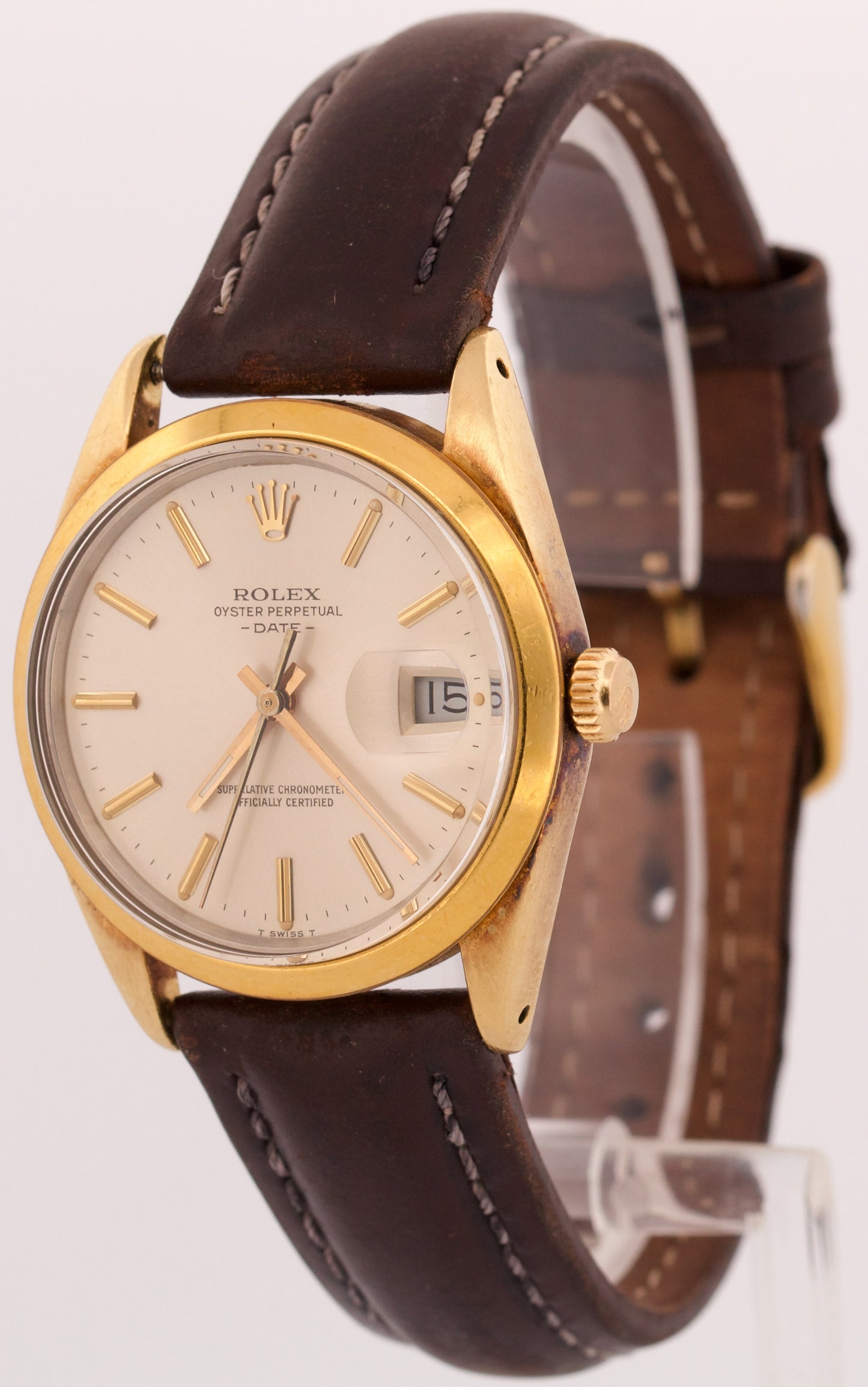 1987 PAPERS Rolex Oyster Perpetual Date 34mm Gold Leather SILVER Watch 15505 BOX