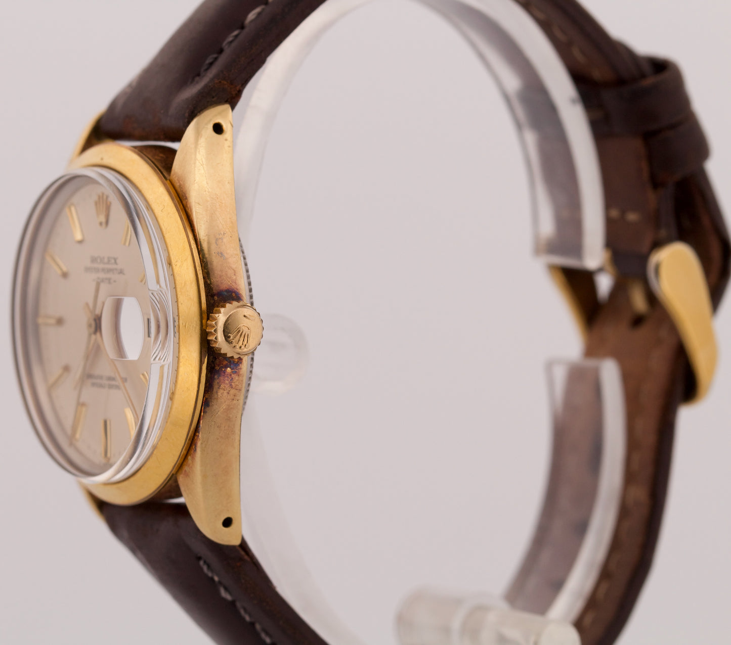 1987 PAPERS Rolex Oyster Perpetual Date 34mm Gold Leather SILVER Watch 15505 BOX
