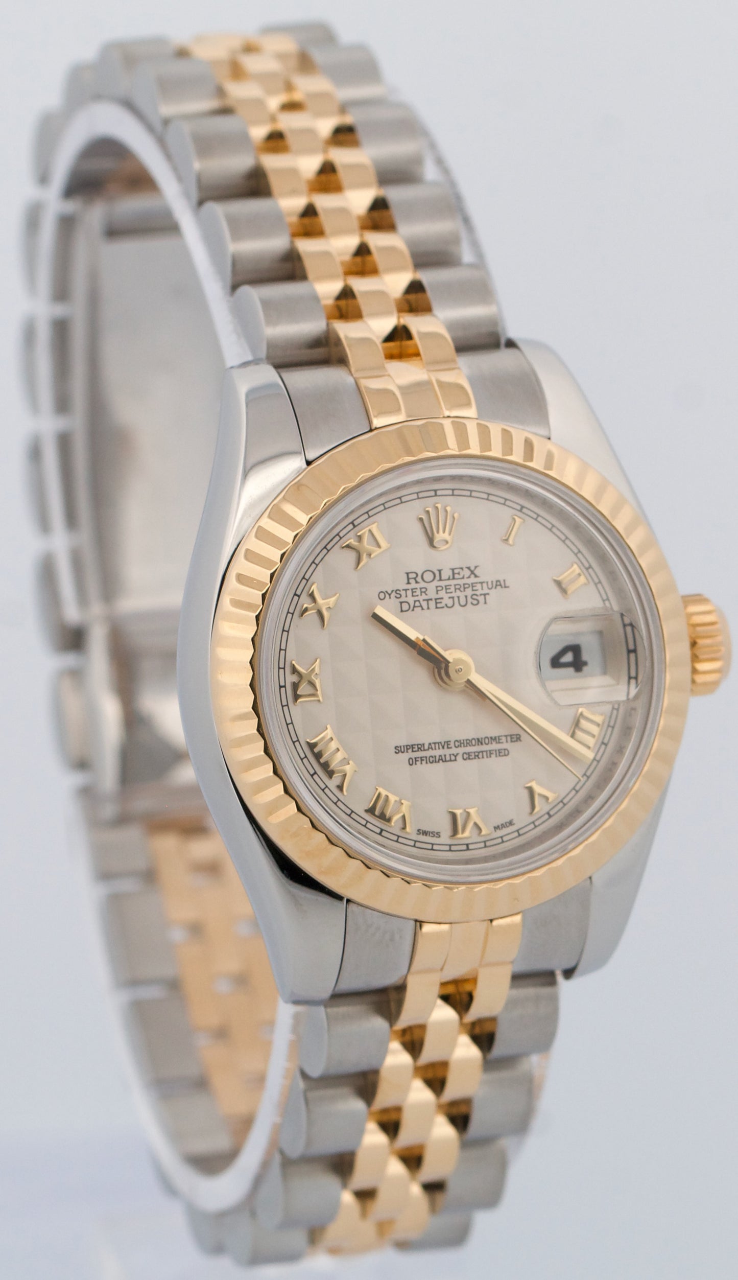 PAPERS Ladies Rolex DateJust IVORY PYRAMID ROMAN 18K 26mm JUBILEE 179173 BOX