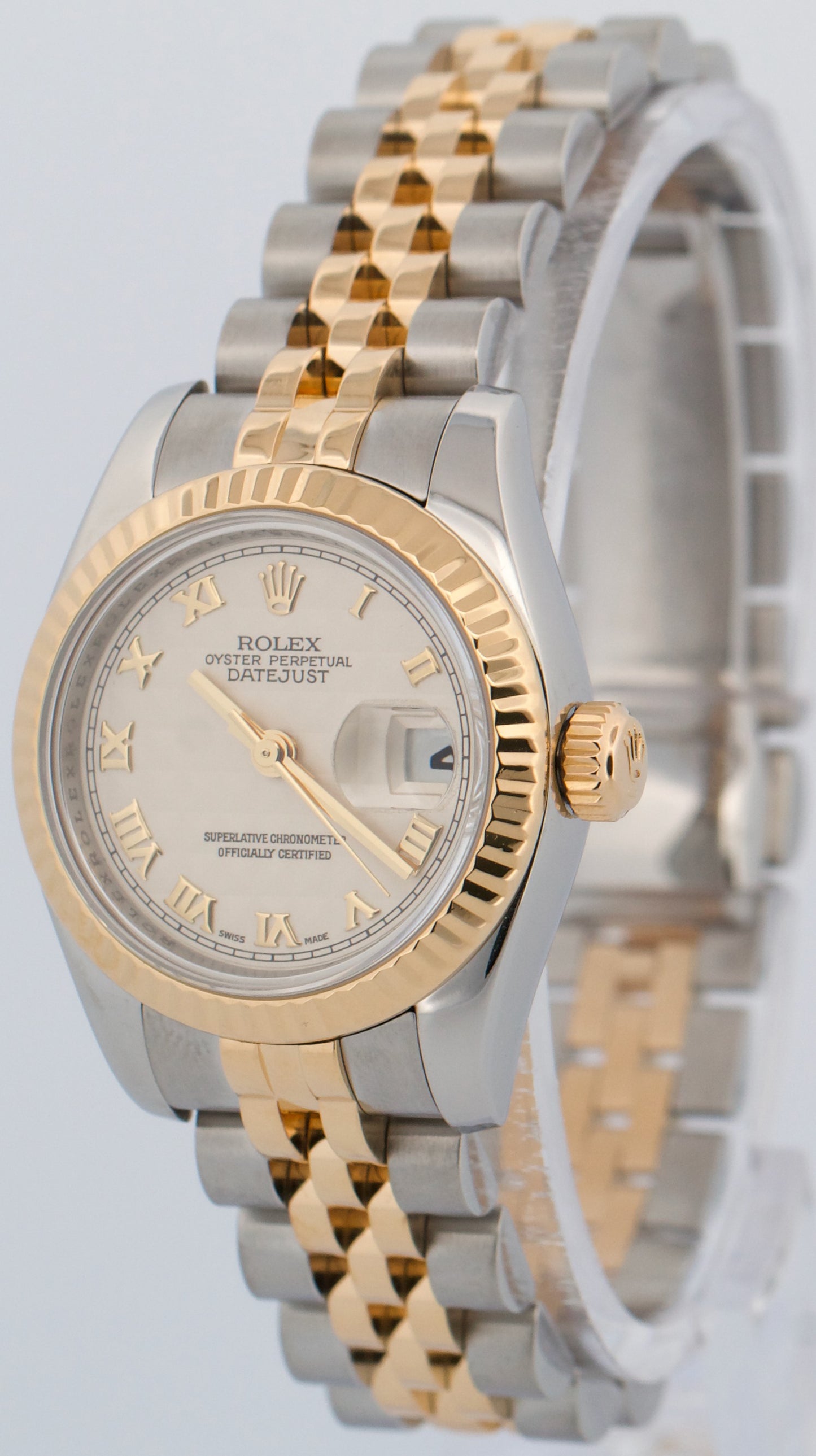 PAPERS Ladies Rolex DateJust IVORY PYRAMID ROMAN 18K 26mm JUBILEE 179173 BOX